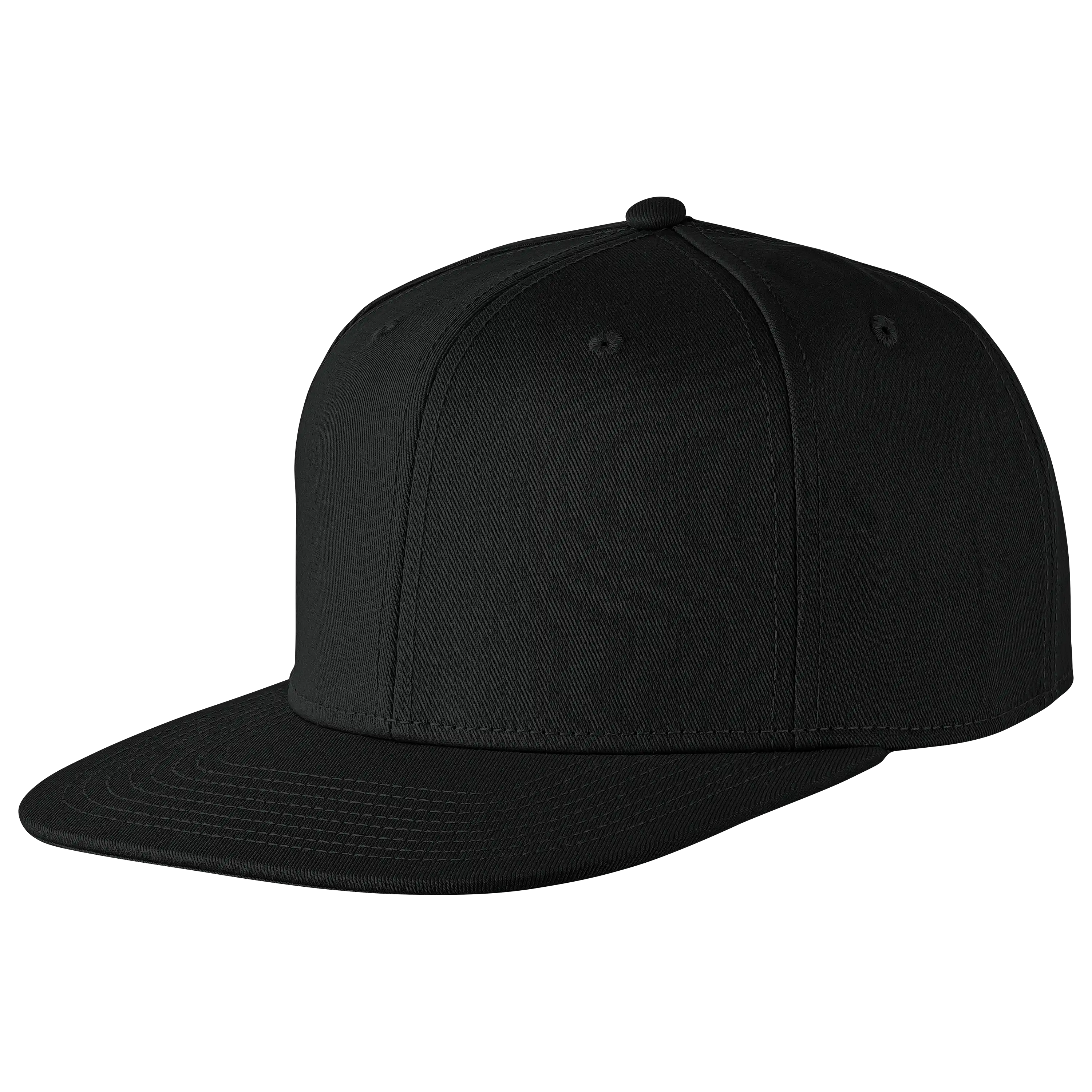 Professionelle Produktfotos einer schwarzen Snapback-Cap als Freisteller. PRO-ducto GmbH bietet hochwertige Textilfotografie für Ihre Produktbilder.