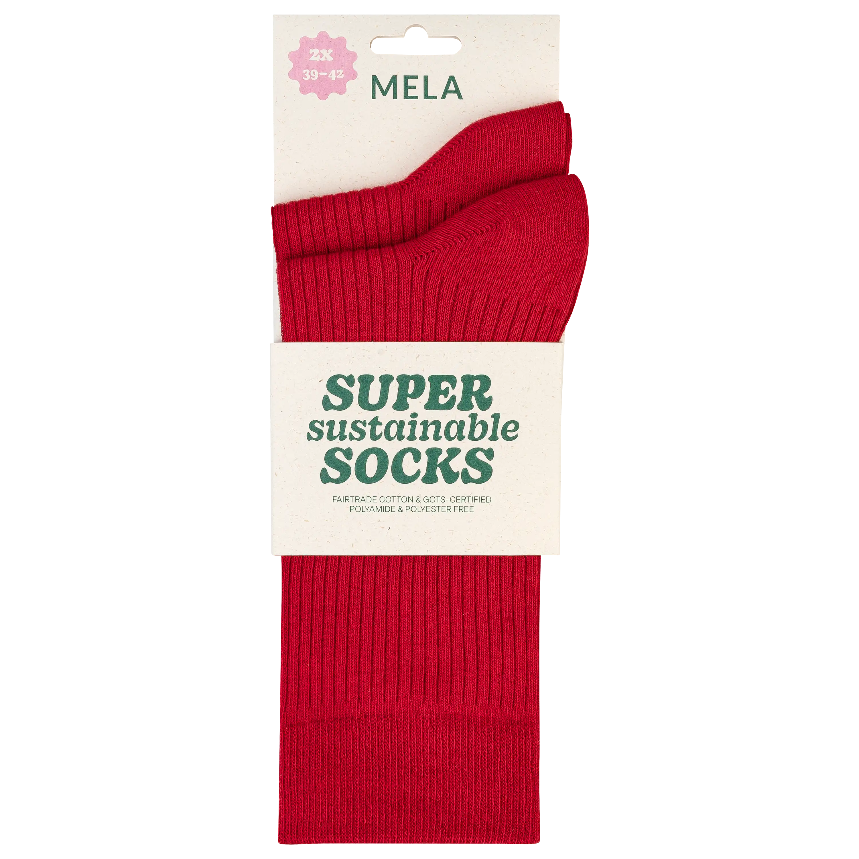 Professionelle Produktfotografie von roten MELA Socken in einer Verpackung. Lassen Sie Ihre Bekleidung bei PRO-ducto GmbH hochwertig fotografieren.