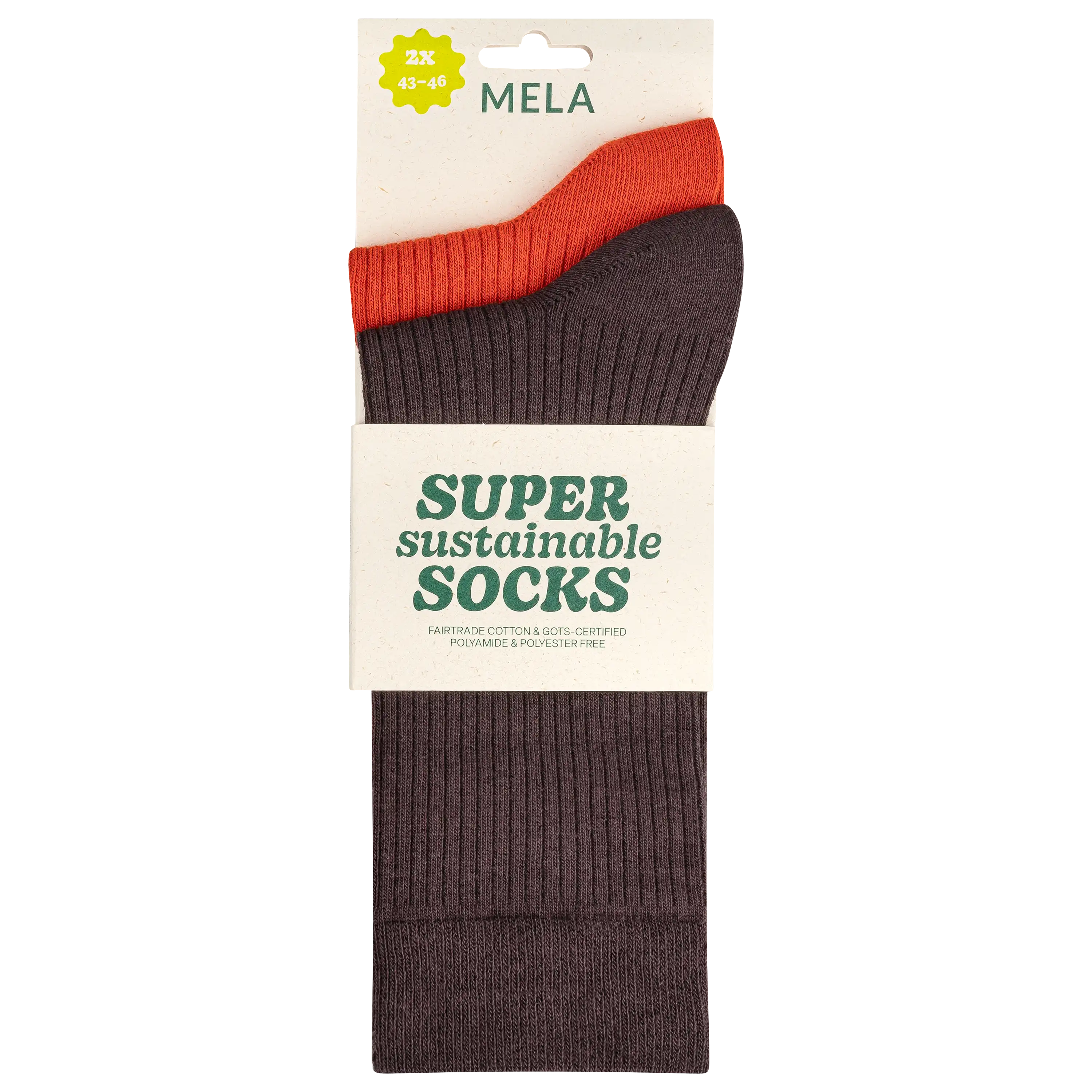 Professionelle Produktfotografie von MELA Socken: Ein Set aus zwei nachhaltigen Socken in Braun und Orange, ideal für hochwertige Textilfotografie.