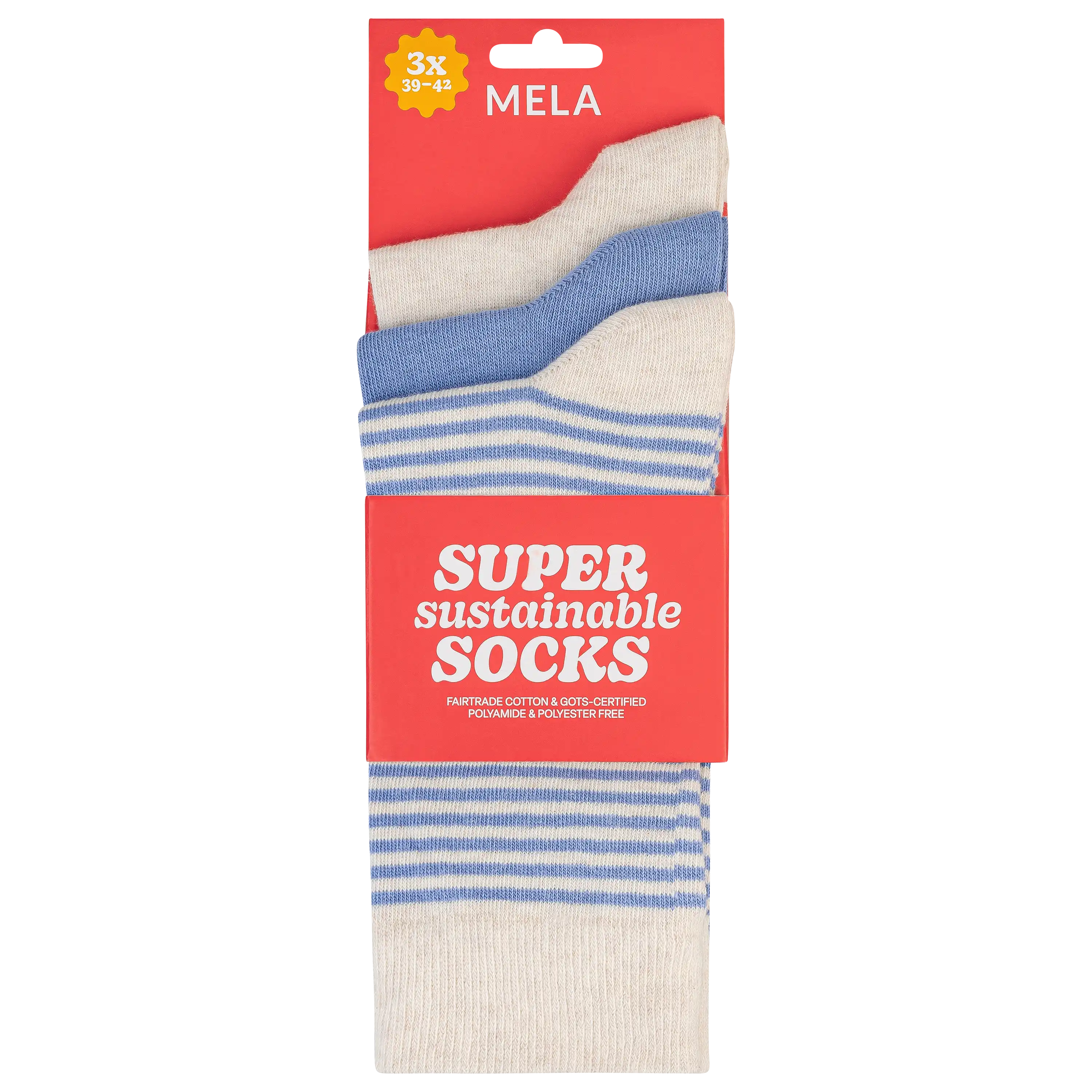 Professionelle Produktfotografie von MELA Socken im Dreierpack. Die Textilfotografie zeigt gestreifte und einfarbige Socken auf einer roten Verpackung.