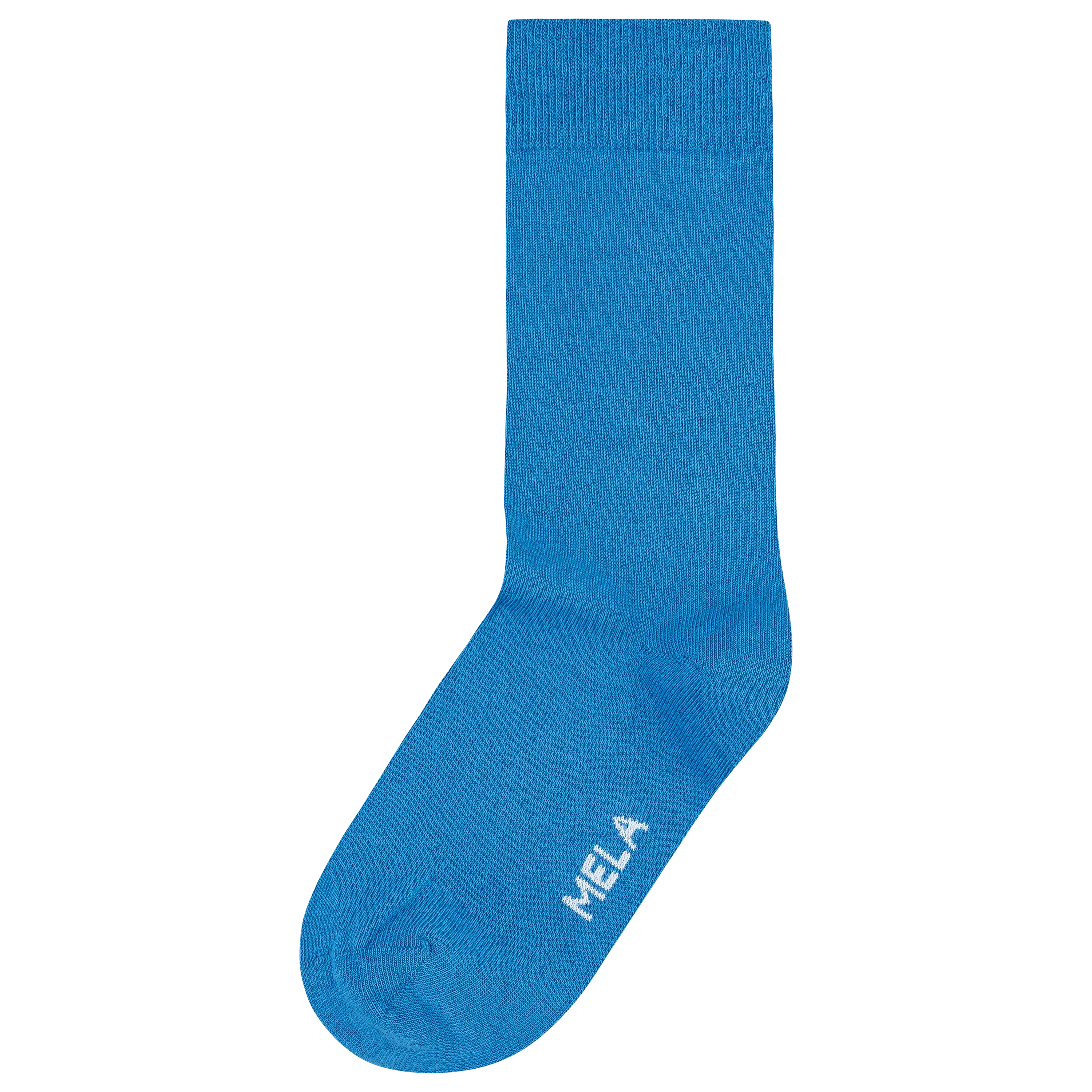 Eine blaue Socke der Marke MELA vor schwarzem Hintergrund. Professionelle Produktfotografie für Textilfotografie von der PRO-ducto GmbH erstellt.