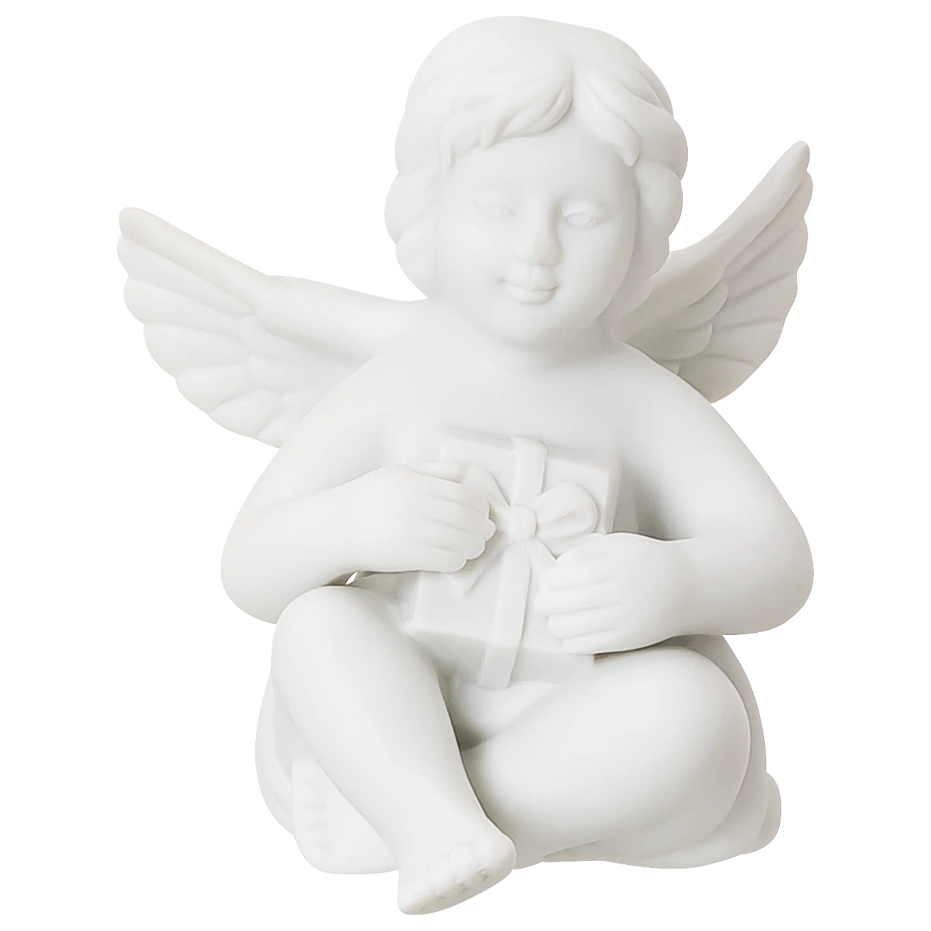 Weiße Porzellanfigur eines Engels mit Geschenk in den Händen, professionell fotografiert von PRO-ducto GmbH.
