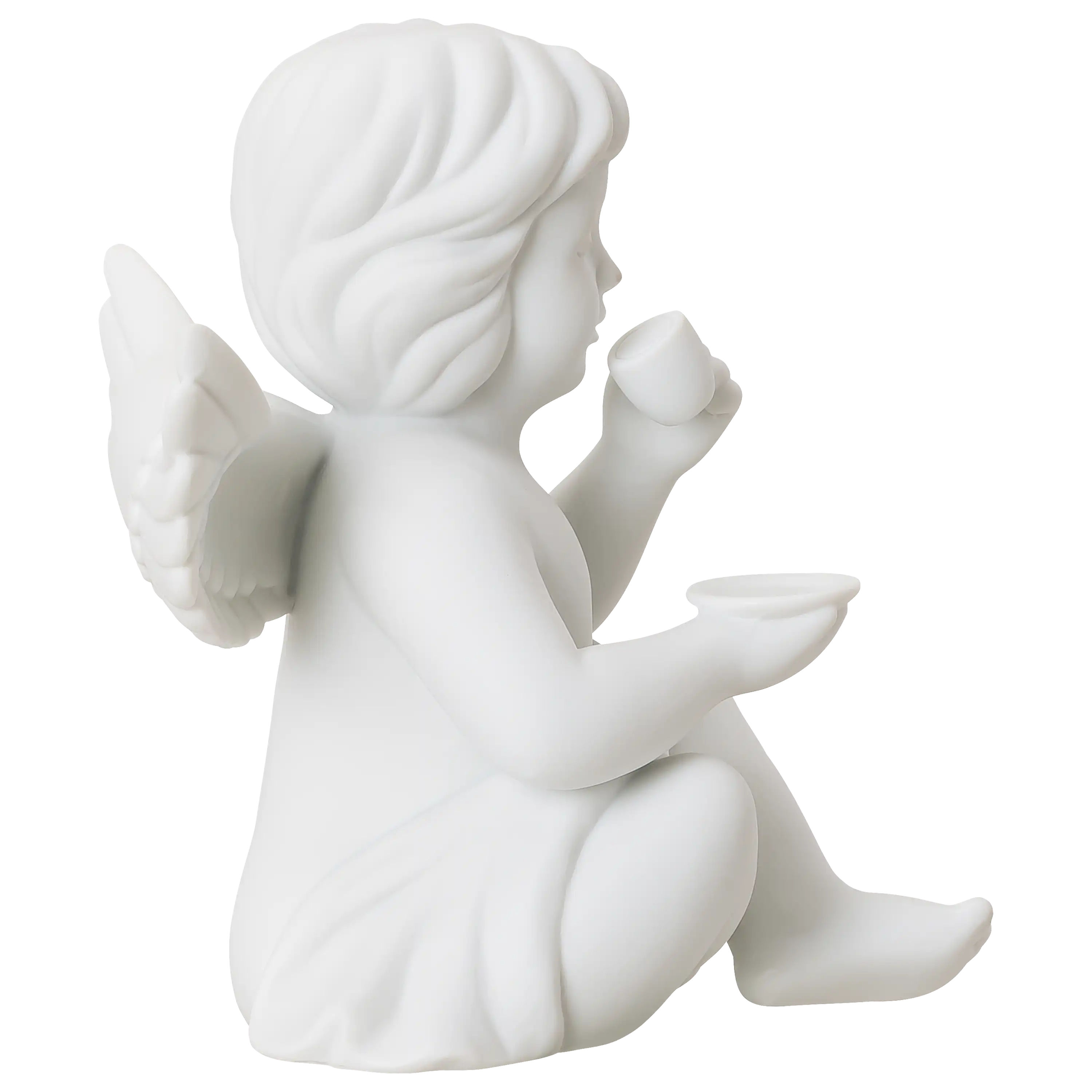 Weiße Porzellanfigur eines Engels, der eine Tasse hält, fotografiert von PRO-ducto GmbH für professionelle Produktfotos.