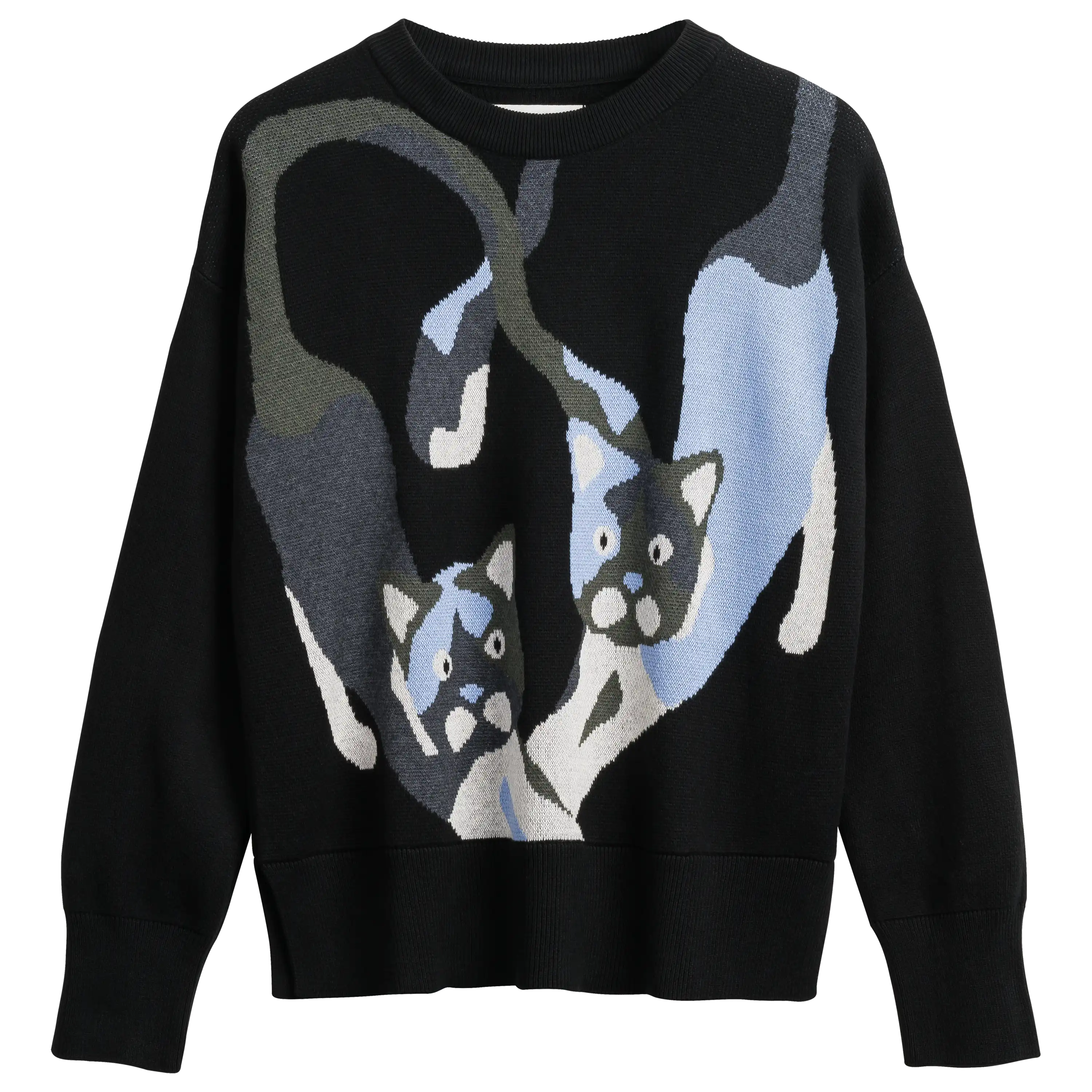 Schwarzer Strickpullover mit Katzenmotiv für die professionelle Produktfotografie von PRO-ducto GmbH, ideal um Bekleidung hochwertig zu präsentieren.