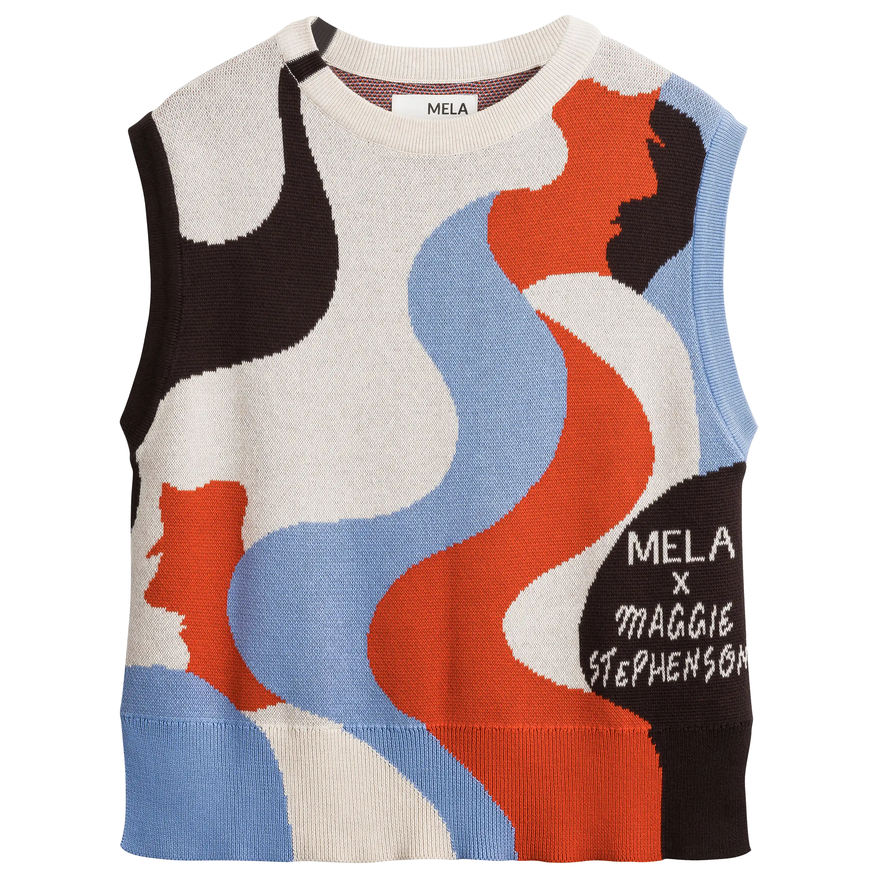 Professionelle Produktfotografie eines ärmellosen Strickpullovers mit abstraktem Wellenmuster in Blau, Orange und Schwarz von PRO-ducto GmbH.