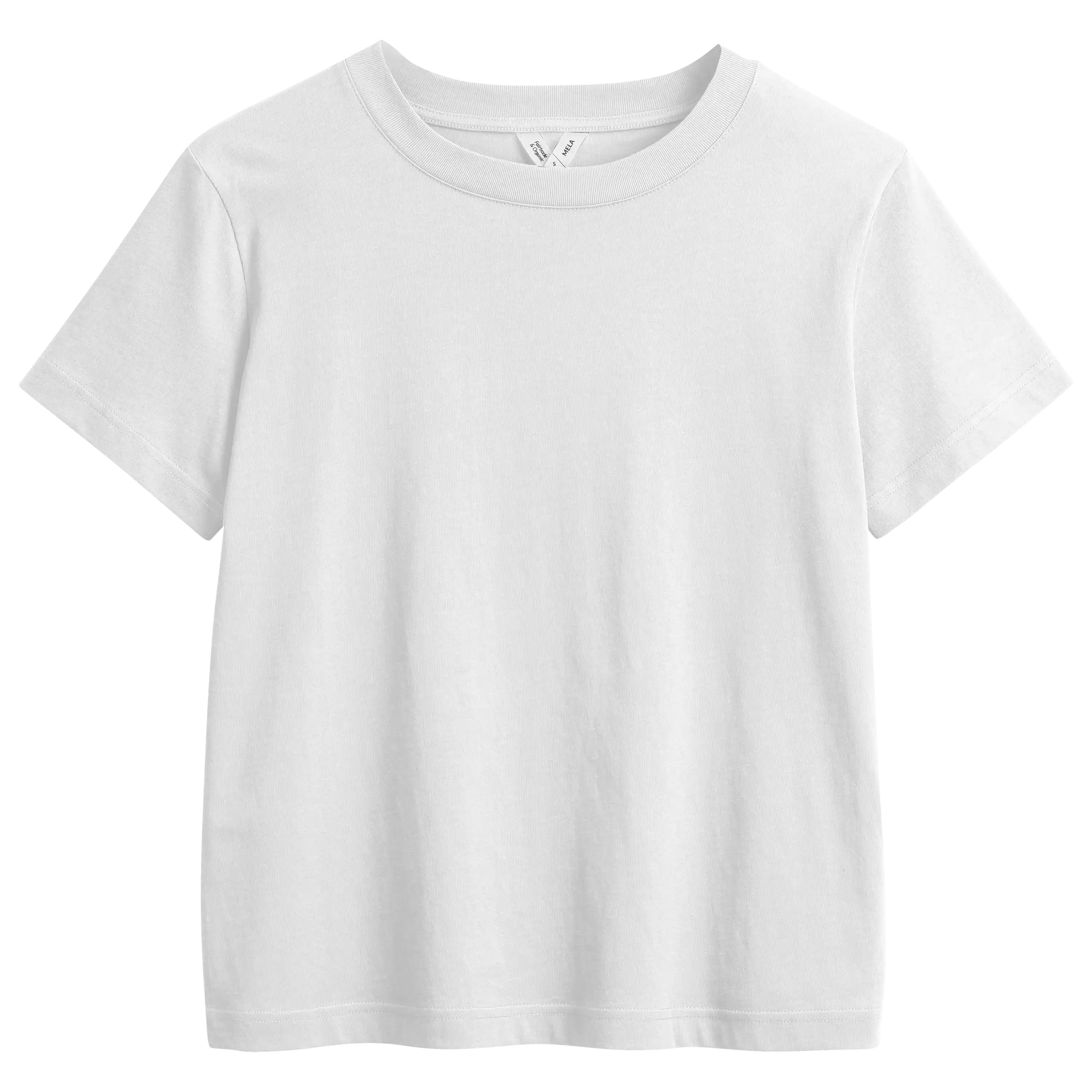 Professionelle Produktfotografie eines weißen T-Shirts von MELA für hochwertige Textilfotografie und Produktbilder.