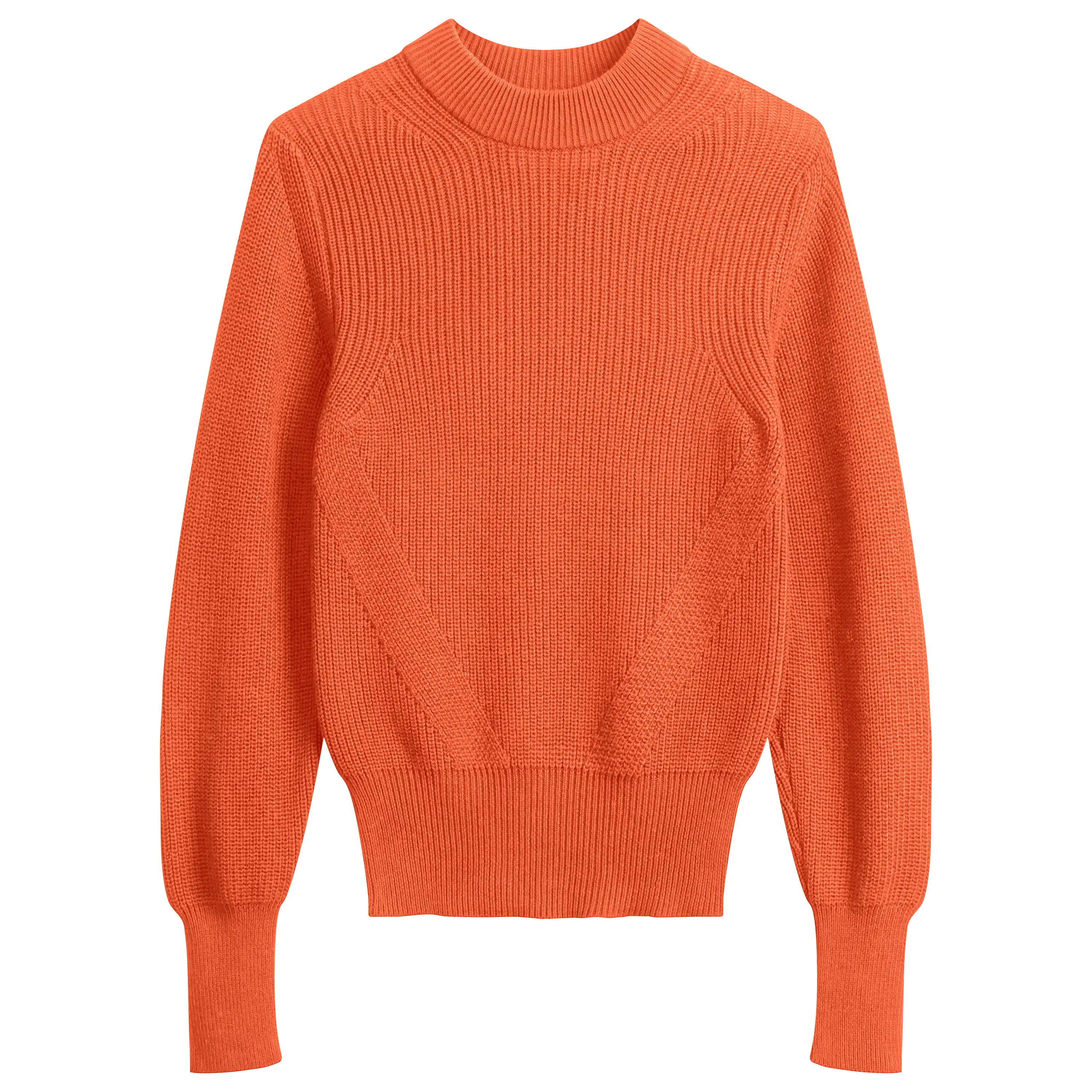 Ein leuchtend orangefarbener Strickpullover für die professionelle Produktfotografie von PRO-ducto GmbH, ideal für hochwertige Textilfotografie.