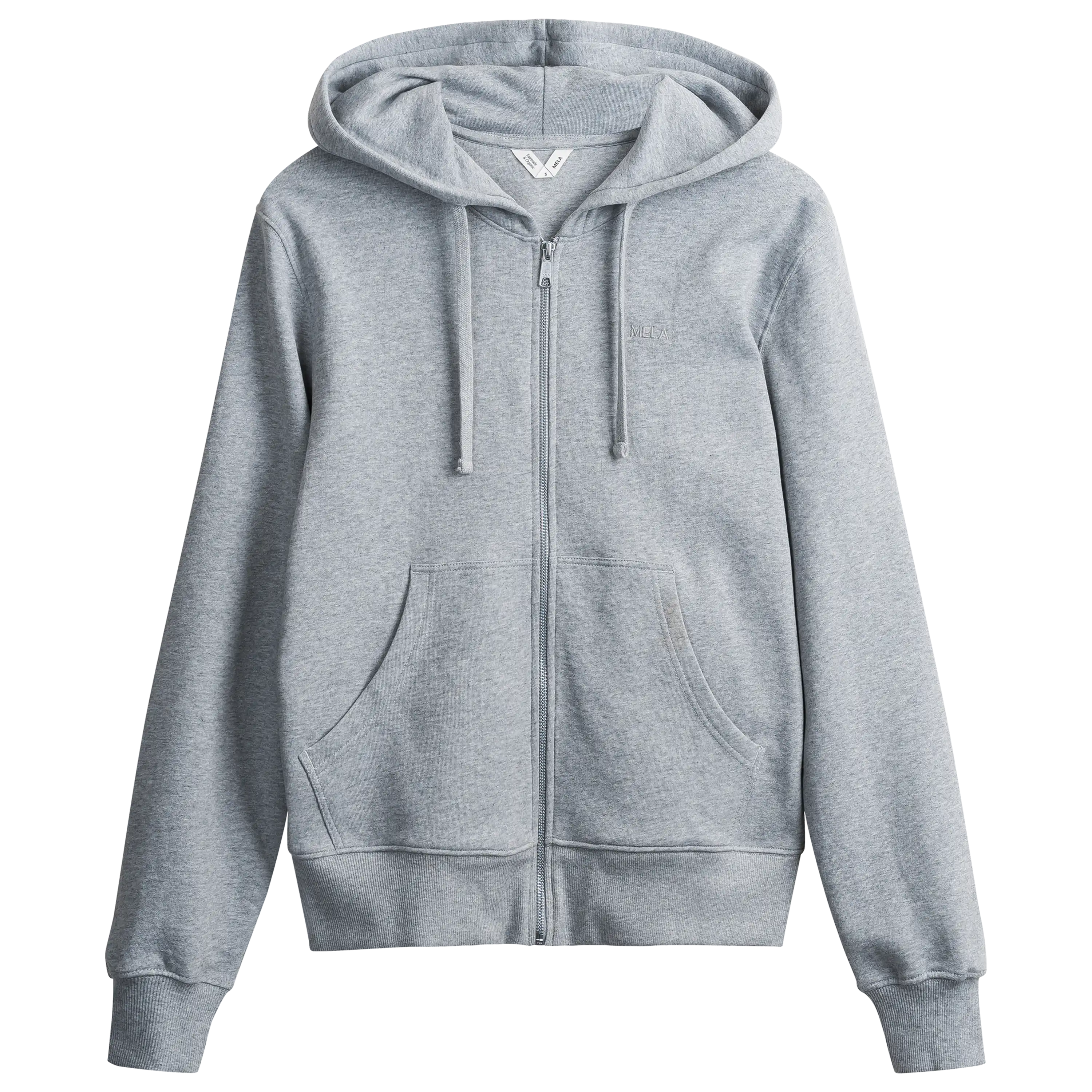 Grauer MELA Kapuzenpullover mit Reißverschluss als Beispiel für professionelle Produktfotografie von Kleidung durch die PRO-ducto GmbH.
