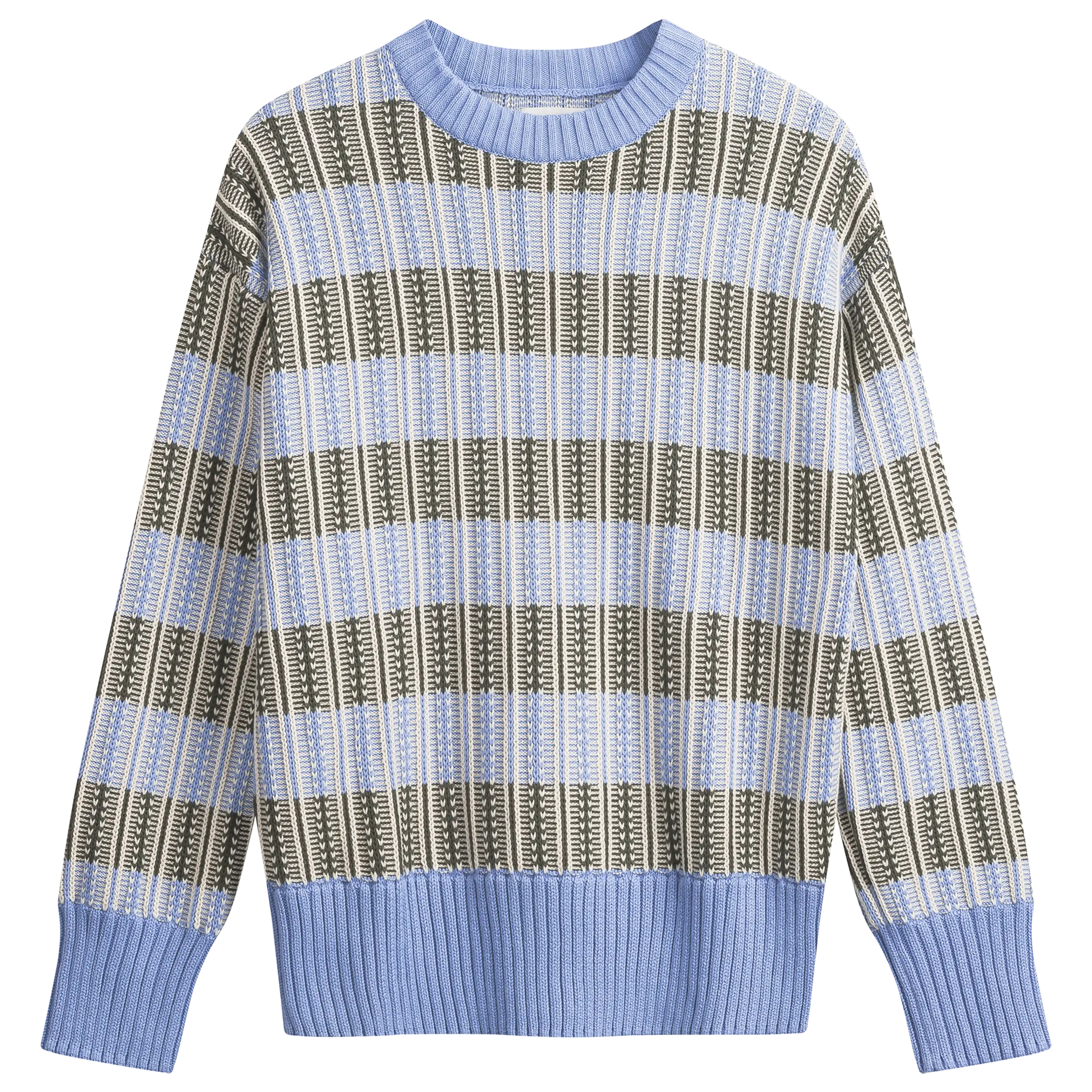 Professionelle Produktfotografie von PRO-ducto GmbH: Ein gestreifter Strickpullover in Hellblau und Dunkelgrün für hochwertige Textilfotografie.