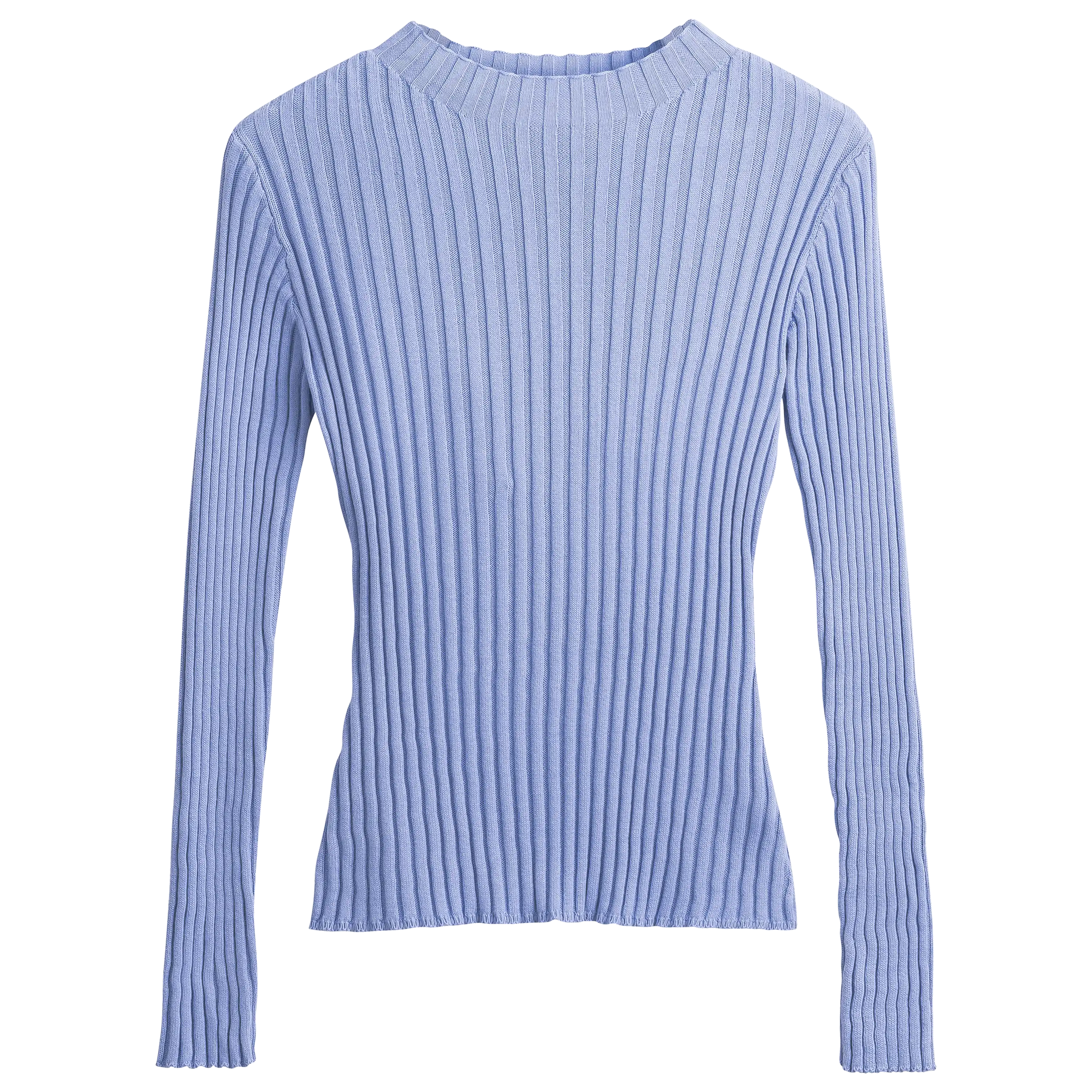 Hellblauer Langarm-Pullover mit Rippstrickmuster für professionelle Produktfotos von PRO-ducto GmbH, ideal für hochwertige Textilfotografie.