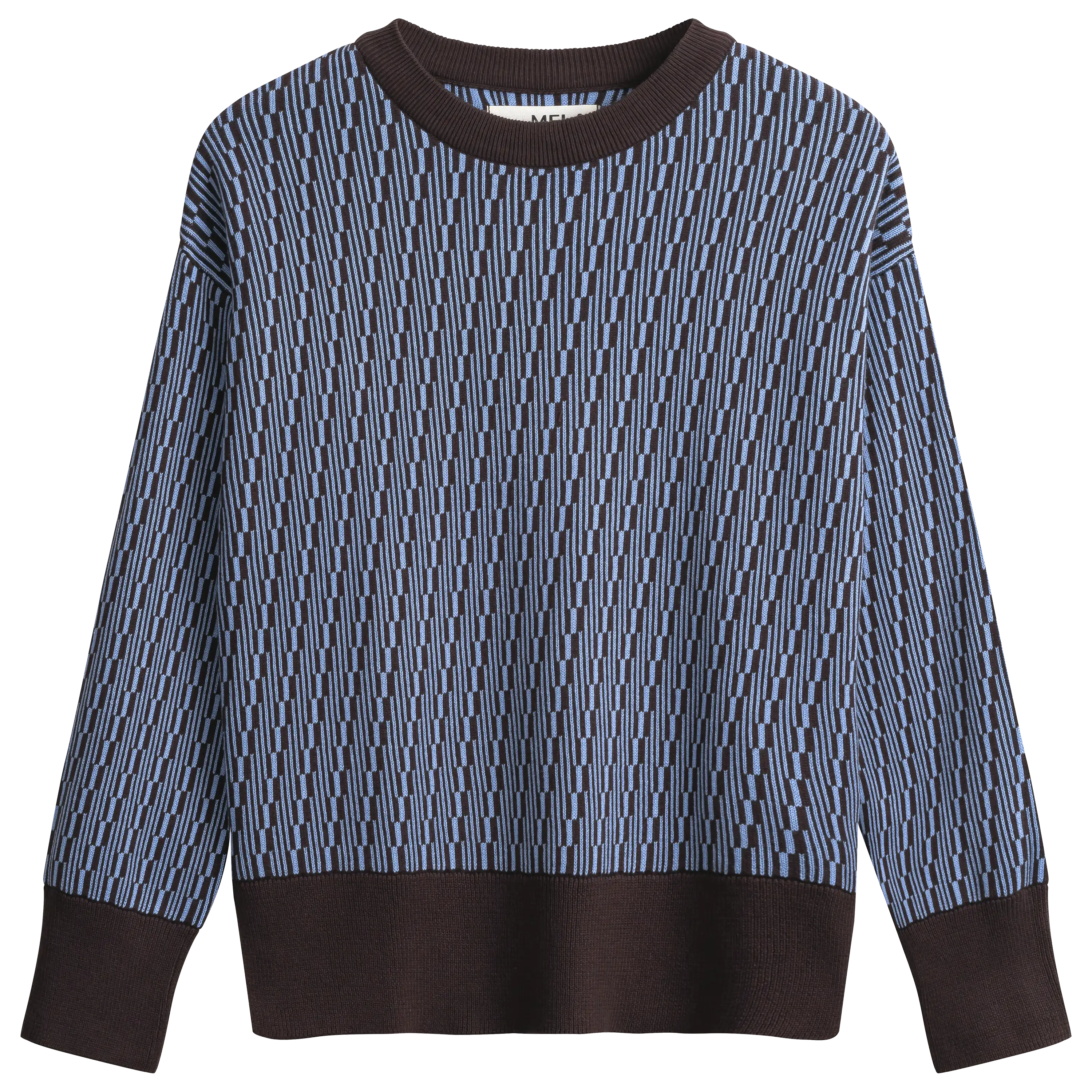 Professionelle Produktfotografie eines Pullovers mit blau-braunem Muster. Bei PRO-ducto GmbH Bekleidung fotografieren lassen für hochwertige Textilfotografie.