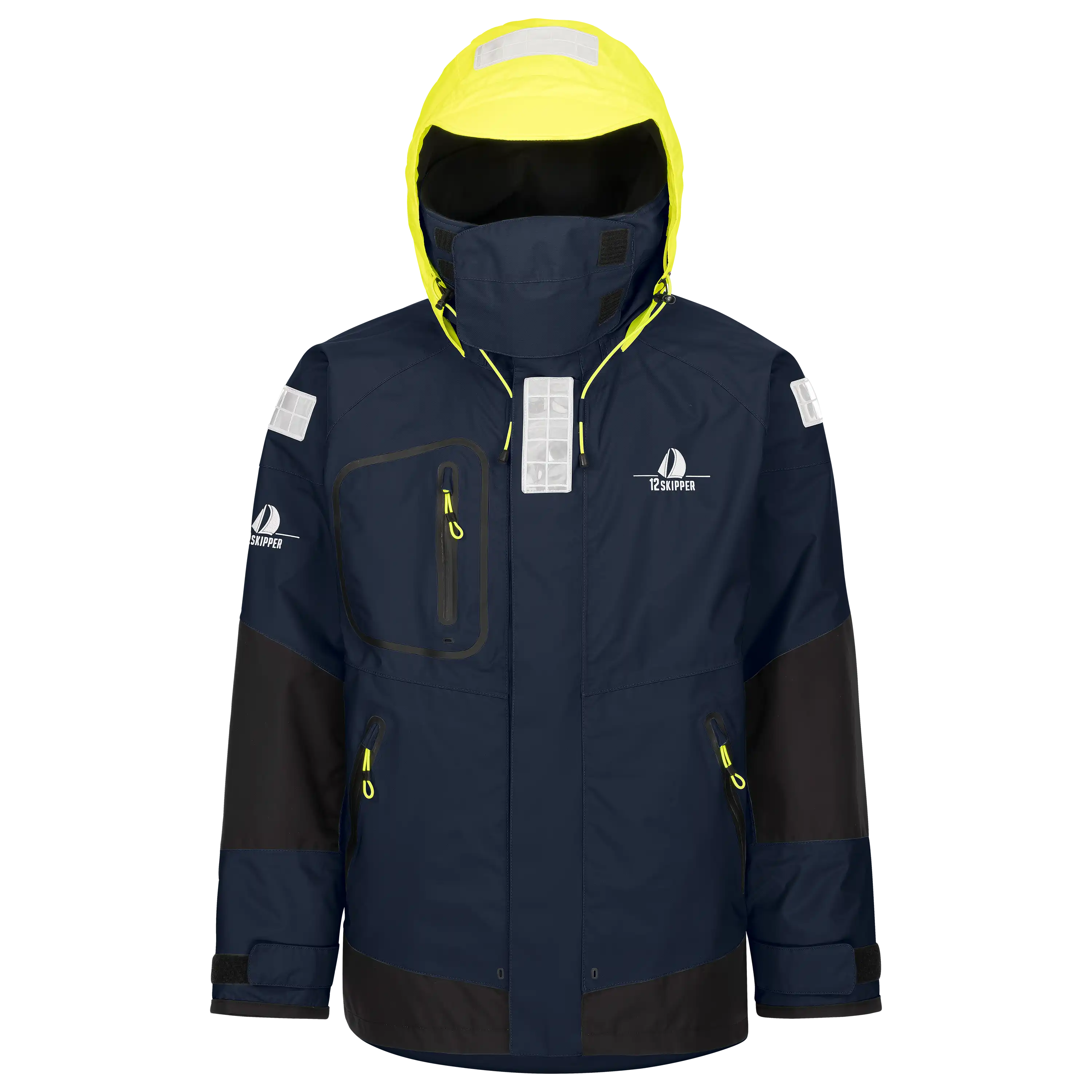 Professionelle Produktfotografie einer dunkelblauen Segeljacke mit neongelber Kapuze als Freisteller für hochwertige Textilfotografie im Onlineshop. PRO-ducto GmbH