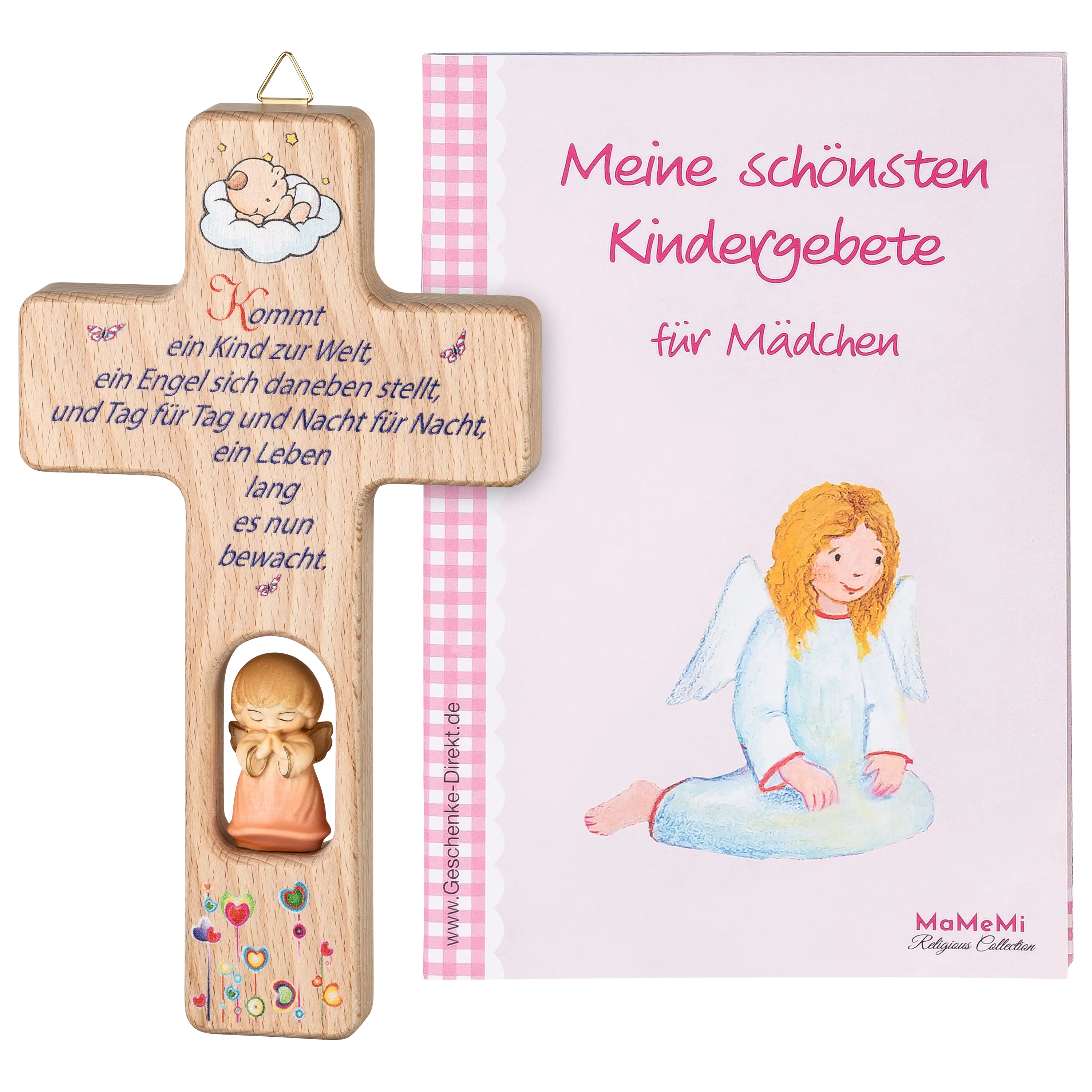 Ein Holzkreuz mit Schutzengel-Figur und ein Gebetbuch für Mädchen als professionelle Produktfotos von PRO-ducto GmbH.