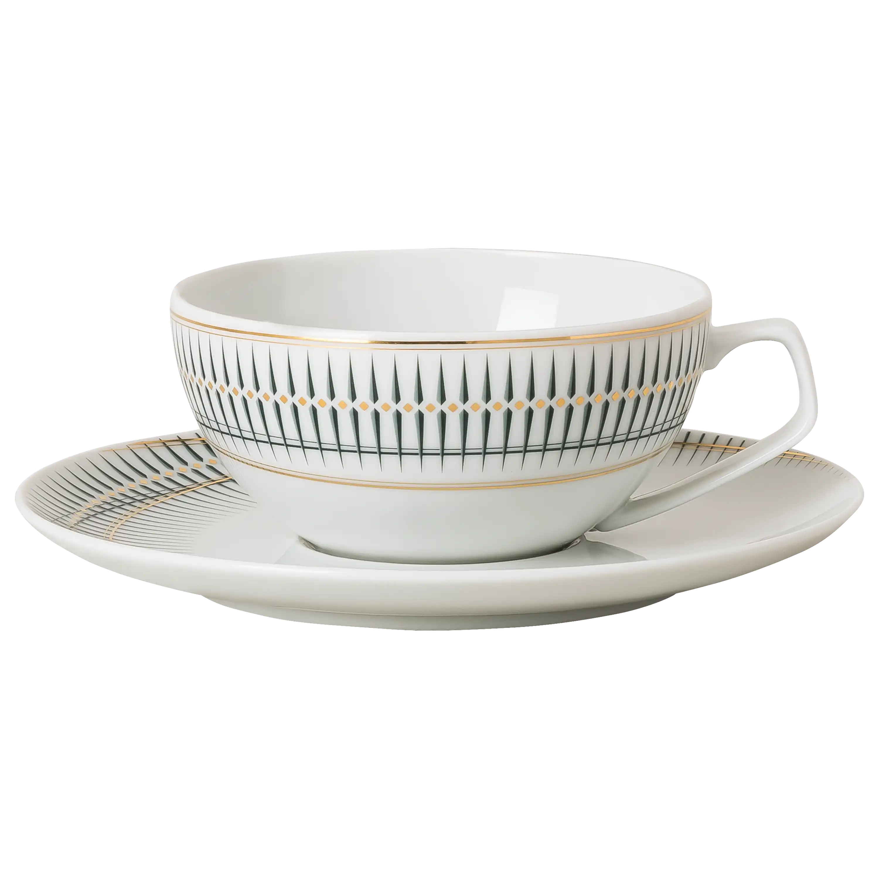 Weiße Teetasse mit Untertasse, verziert mit einem geometrischen Muster in Grün und Gold für Produktfotos.