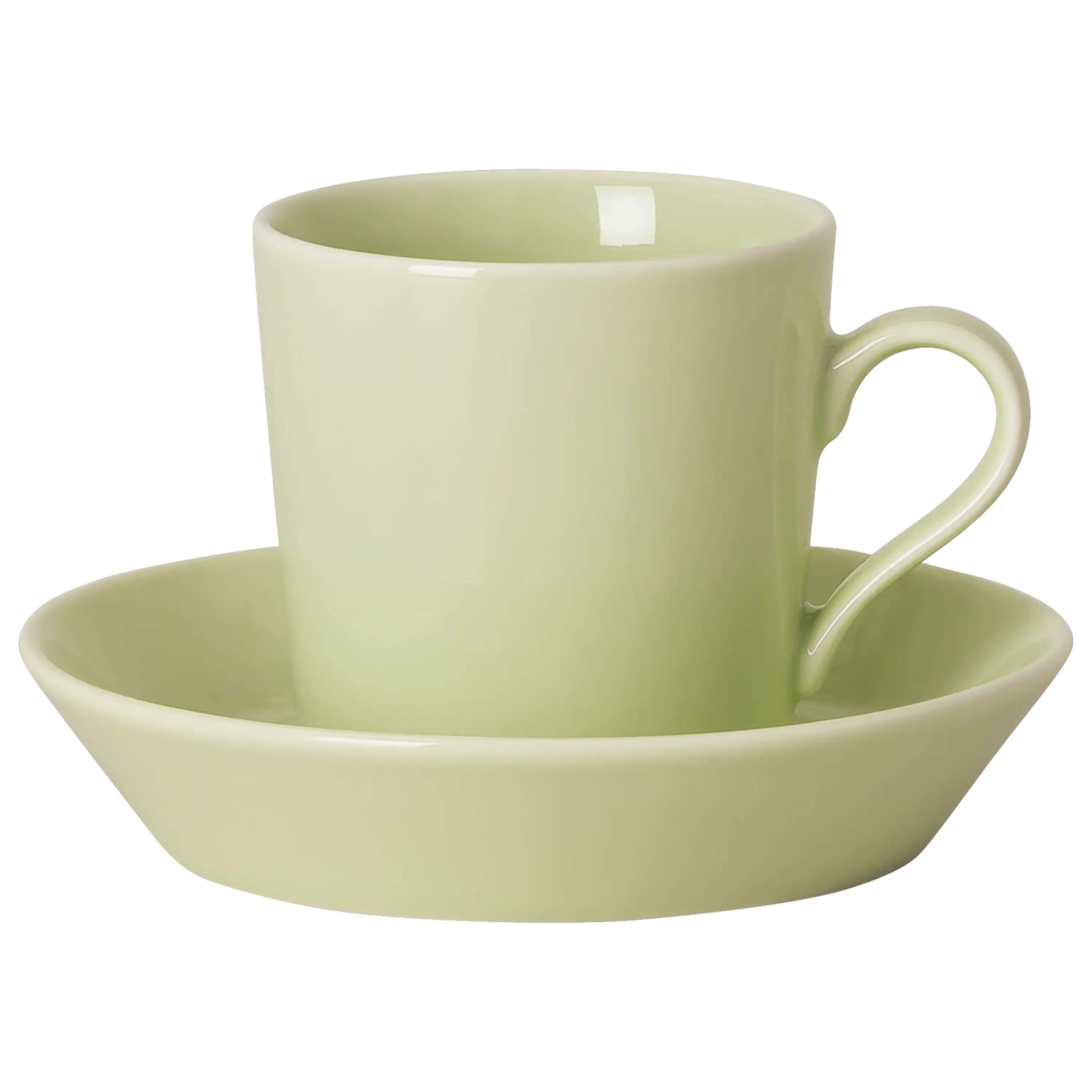 Eine hellgrüne Kaffeetasse auf einer passenden Untertasse vor schwarzem Hintergrund für professionelle Produktfotos.