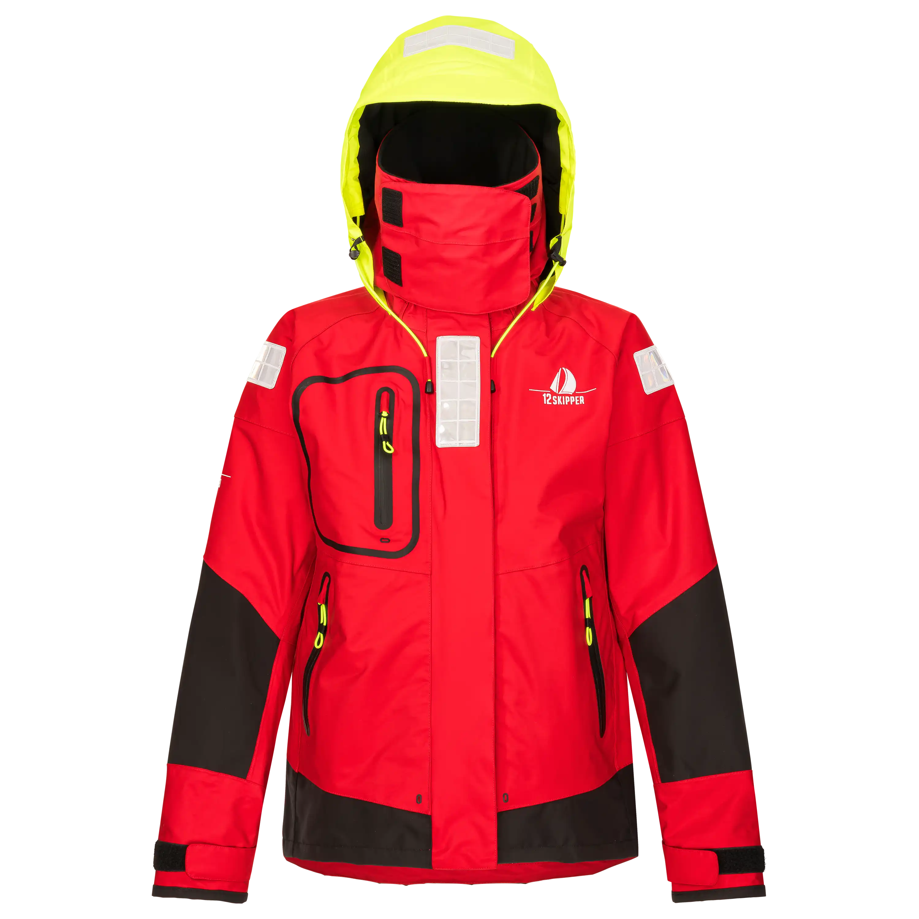 Professionelle Produktfotografie einer roten 12SKIPPER Segeljacke mit neongelber Kapuze als Freisteller für hochwertige Textilfotografie im E-Commerce. PRO-ducto GmbH