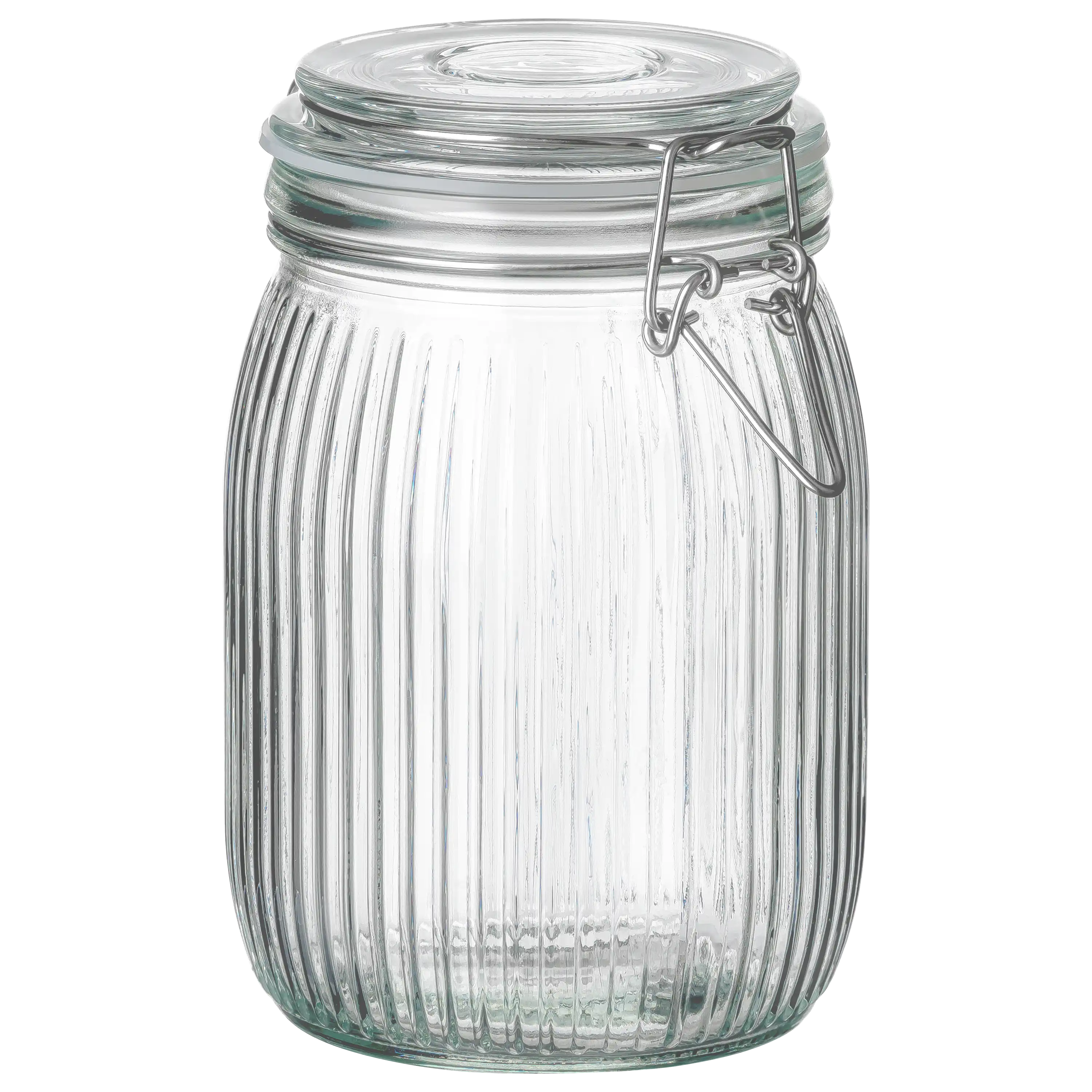 Ein leeres, geriffeltes Vorratsglas mit Bügelverschluss aus Glas und Metall, professionelle Produktfotografie.