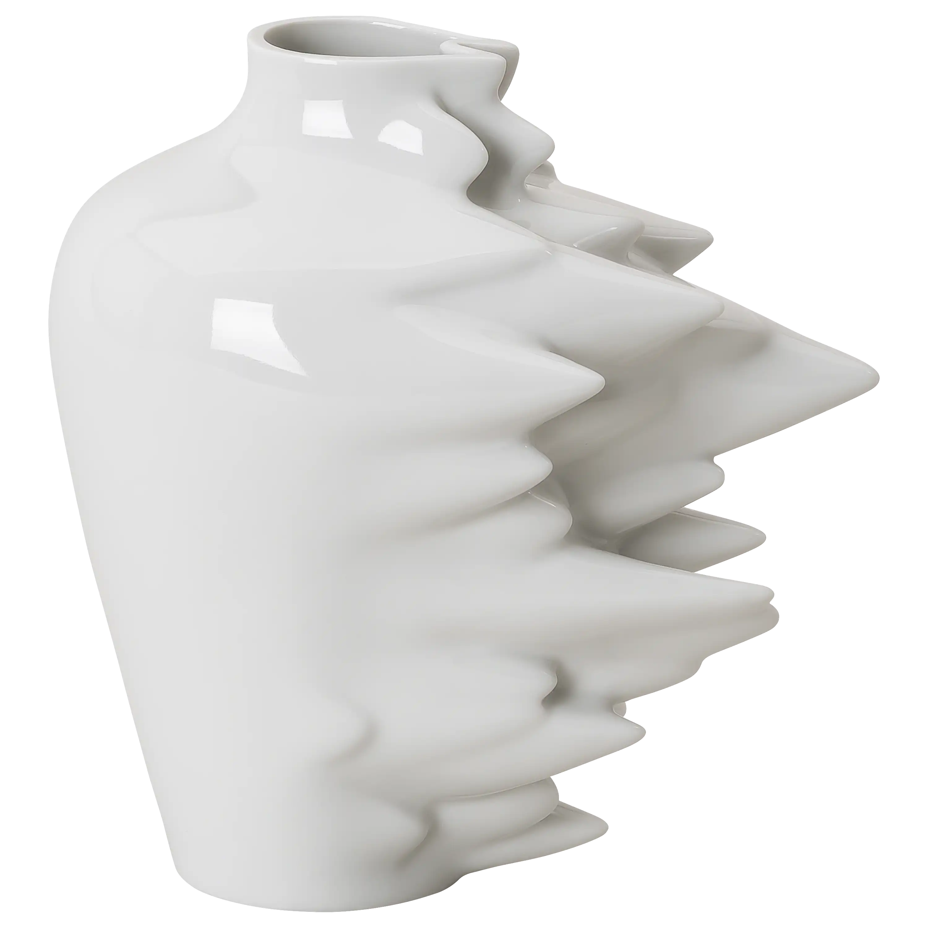 Weiße, abstrakte Designvase mit stachelartigen Strukturen, fotografiert von PRO-ducto GmbH für Produktfotos.