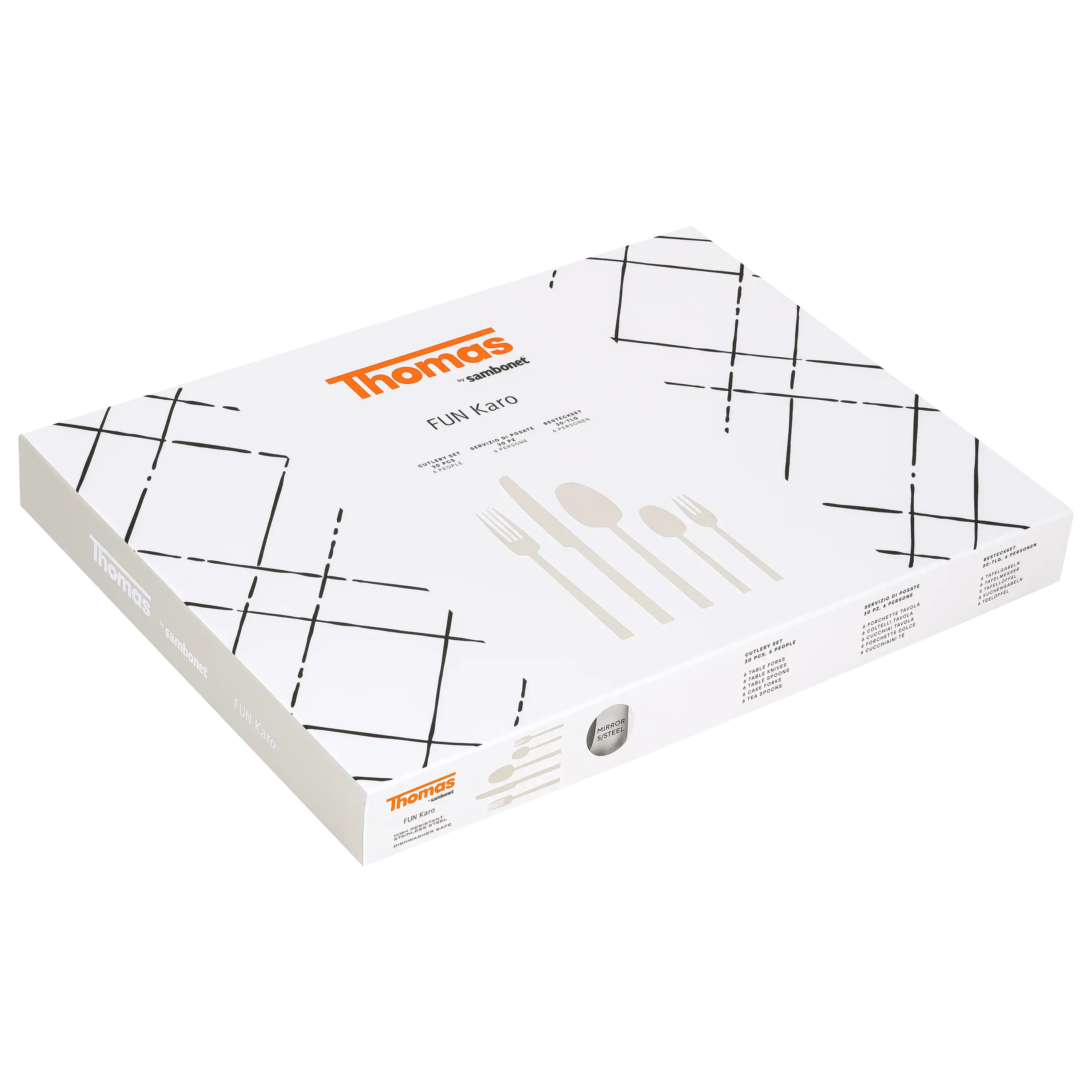 Verpackung des 30-teiligen Bestecksets FUN Karo von Thomas by Sambonet für professionelle Produktfotos von PRO-ducto.