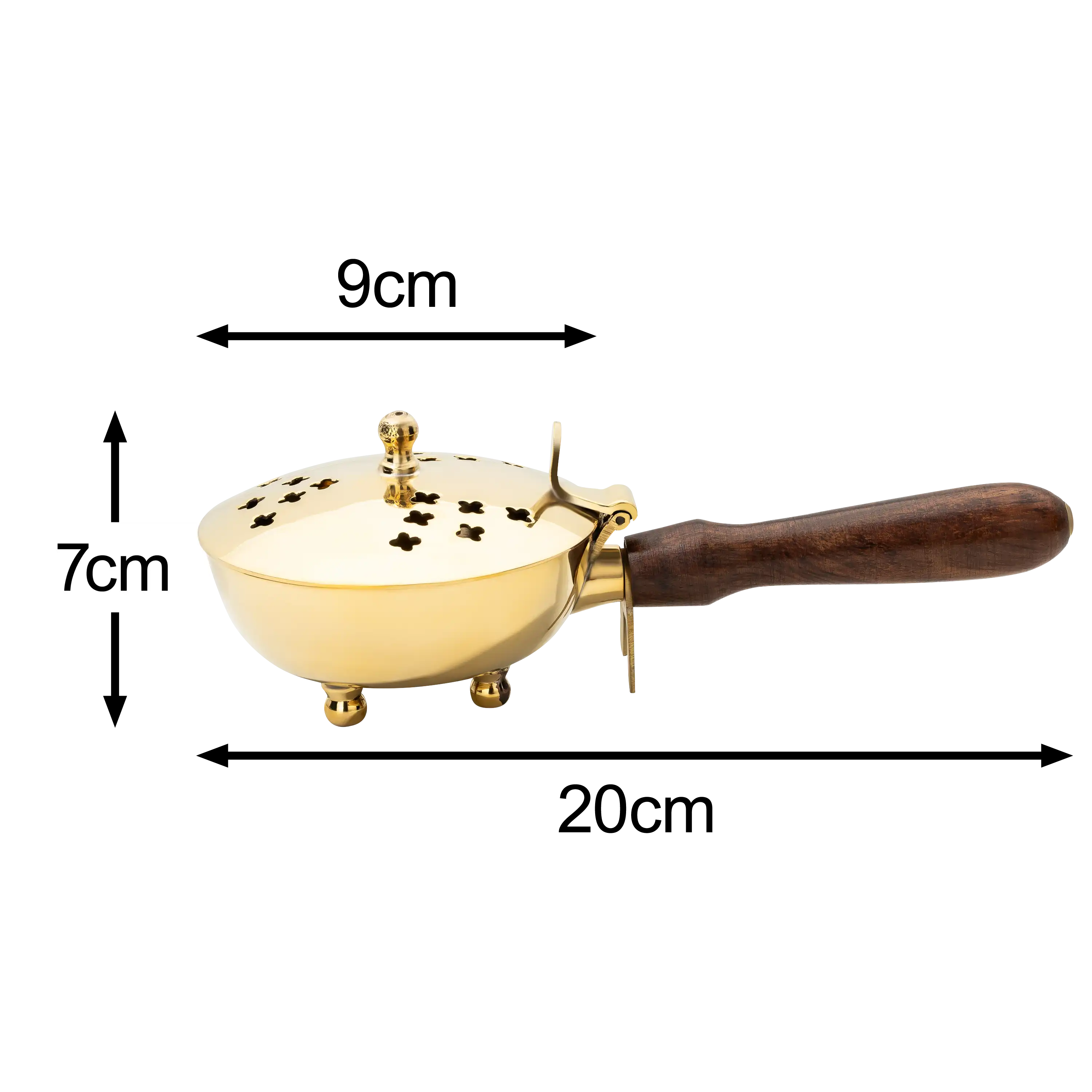 Goldfarbenes Weihrauchfass mit Holzgriff und 7 cm Höhenangabe, fotografiert für professionelle Produktfotos.
