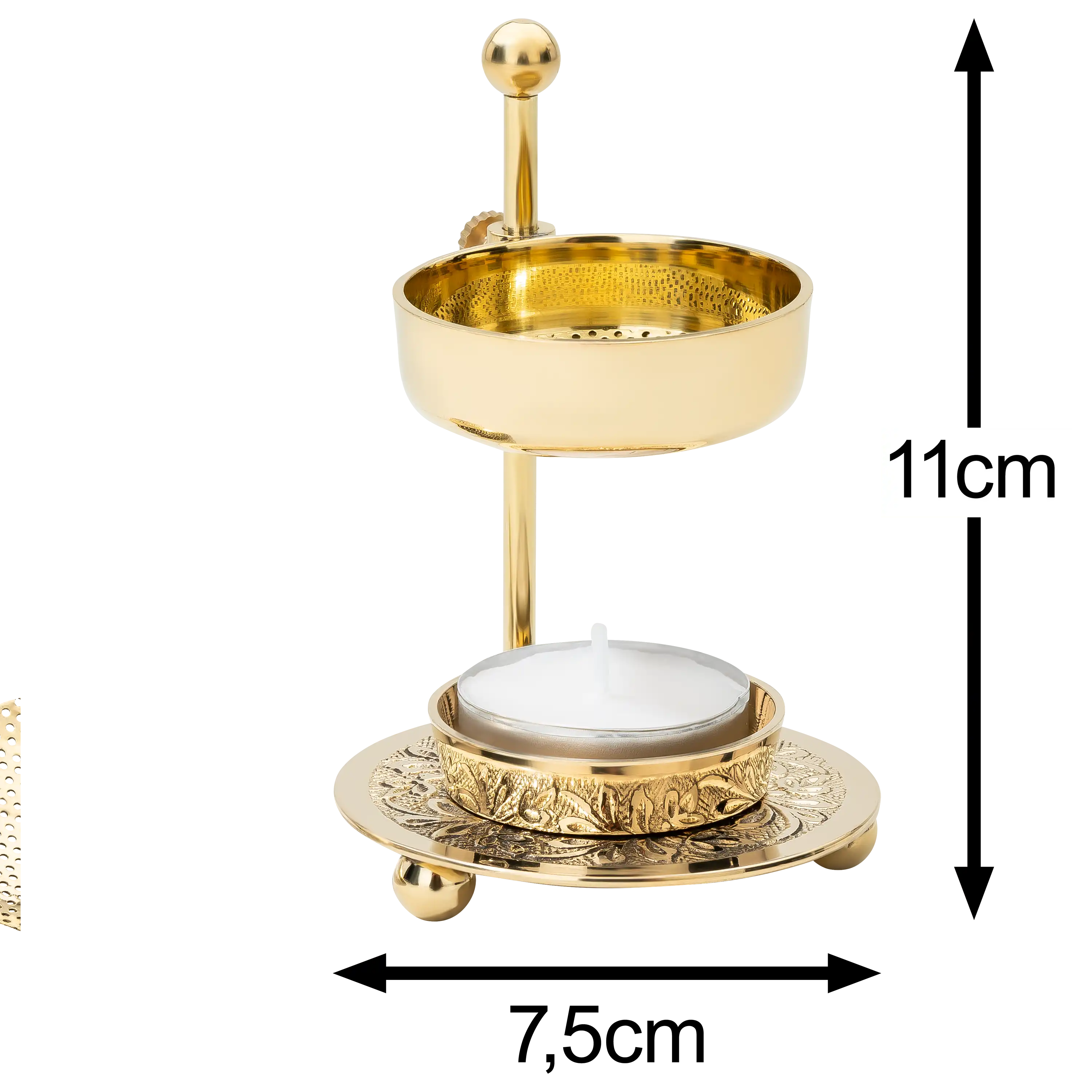 Goldene Duftlampe von PRO-ducto GmbH mit Teelicht und 11 cm Höhenangabe für professionelle Produktfotos.