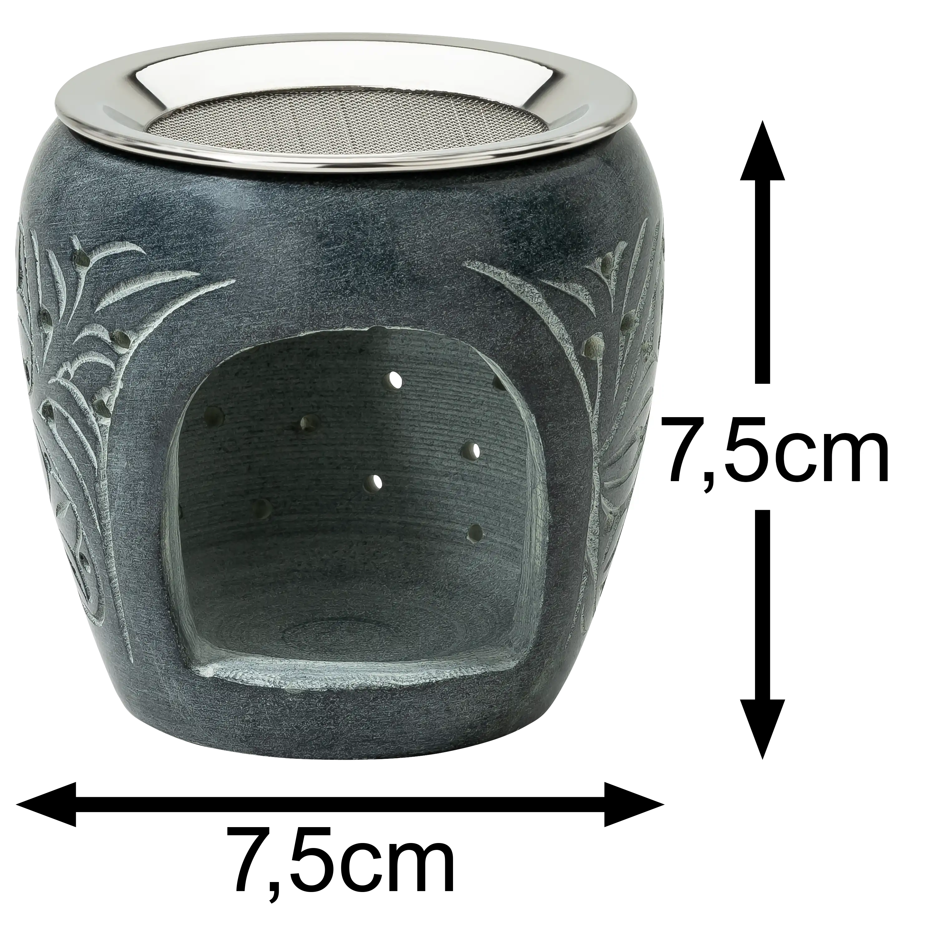 Dunkle Duftlampe aus Stein mit Metallsieb für professionelle Produktfotos von PRO-ducto GmbH, Höhe 7,5 cm.