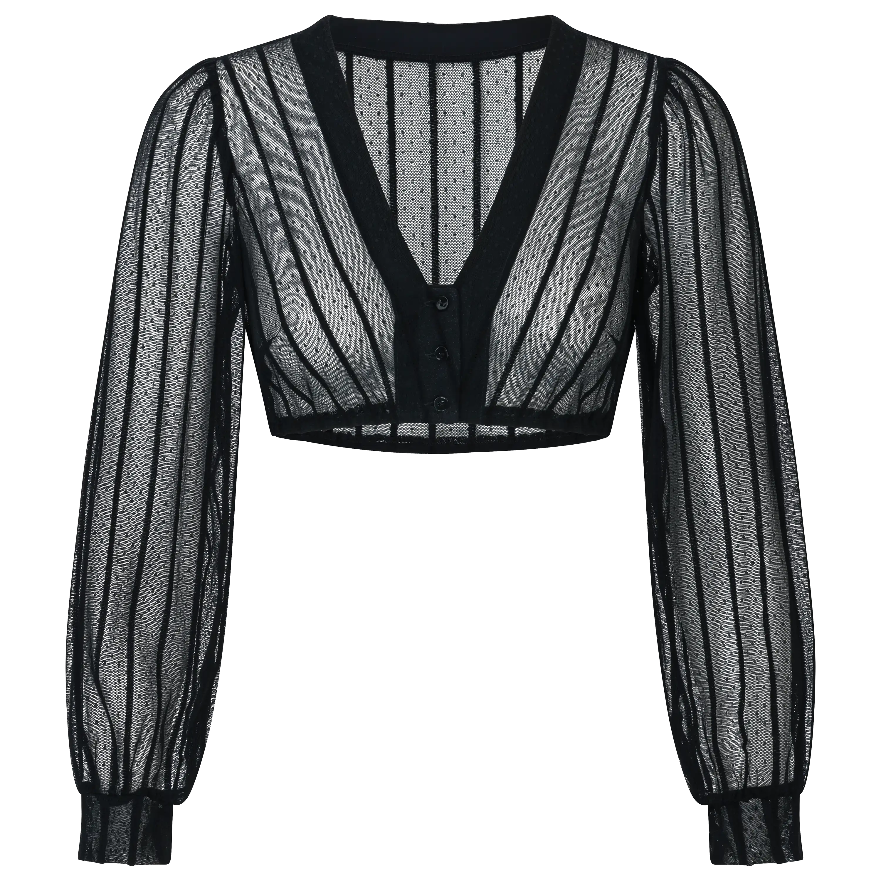 Professionelle Produktfotografie von PRO-ducto GmbH: Schwarzes, transparentes Crop-Top mit Streifen und Knöpfen.