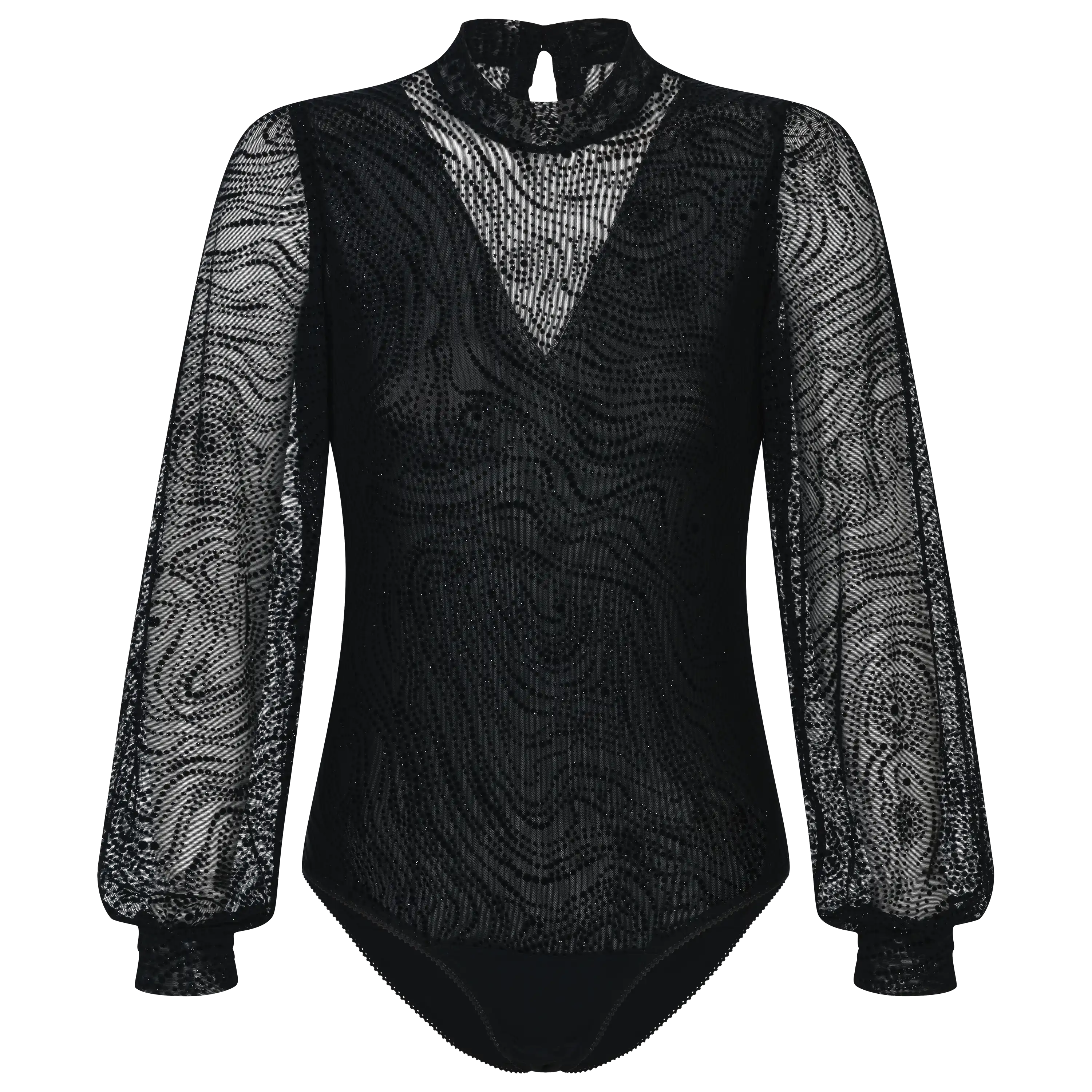 Schwarzer Body mit transparenten Ärmeln und Punktmuster für professionelle Produktfotografie von PRO-ducto GmbH.