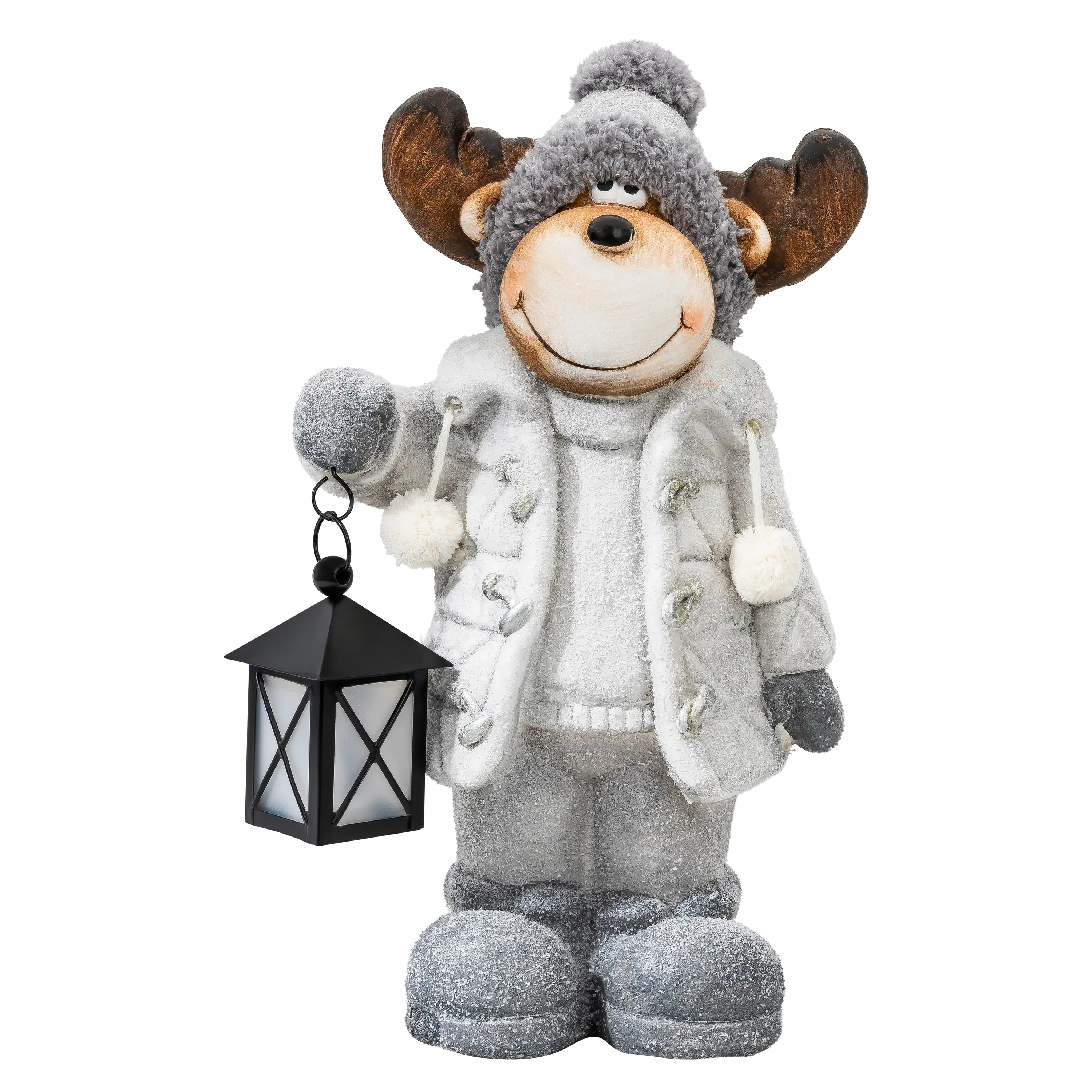 Dekorative Elchfigur mit Winterkleidung und Laterne, ideal für professionelle Produktfotos von PRO-ducto GmbH.