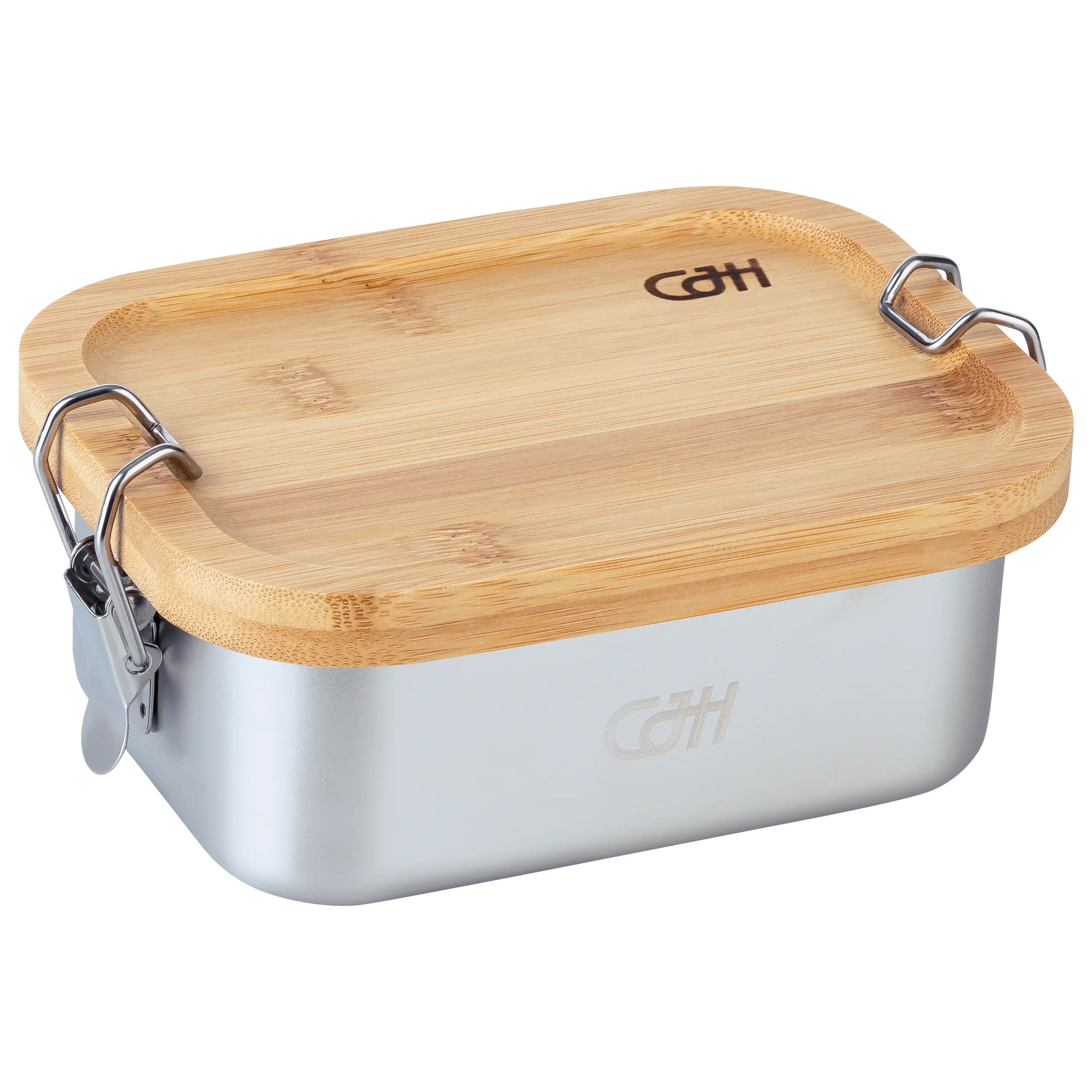 Professionelle Produktfotos einer PRO-ducto GmbH Edelstahl-Lunchbox mit Bambusdeckel und Metallverschlüssen.