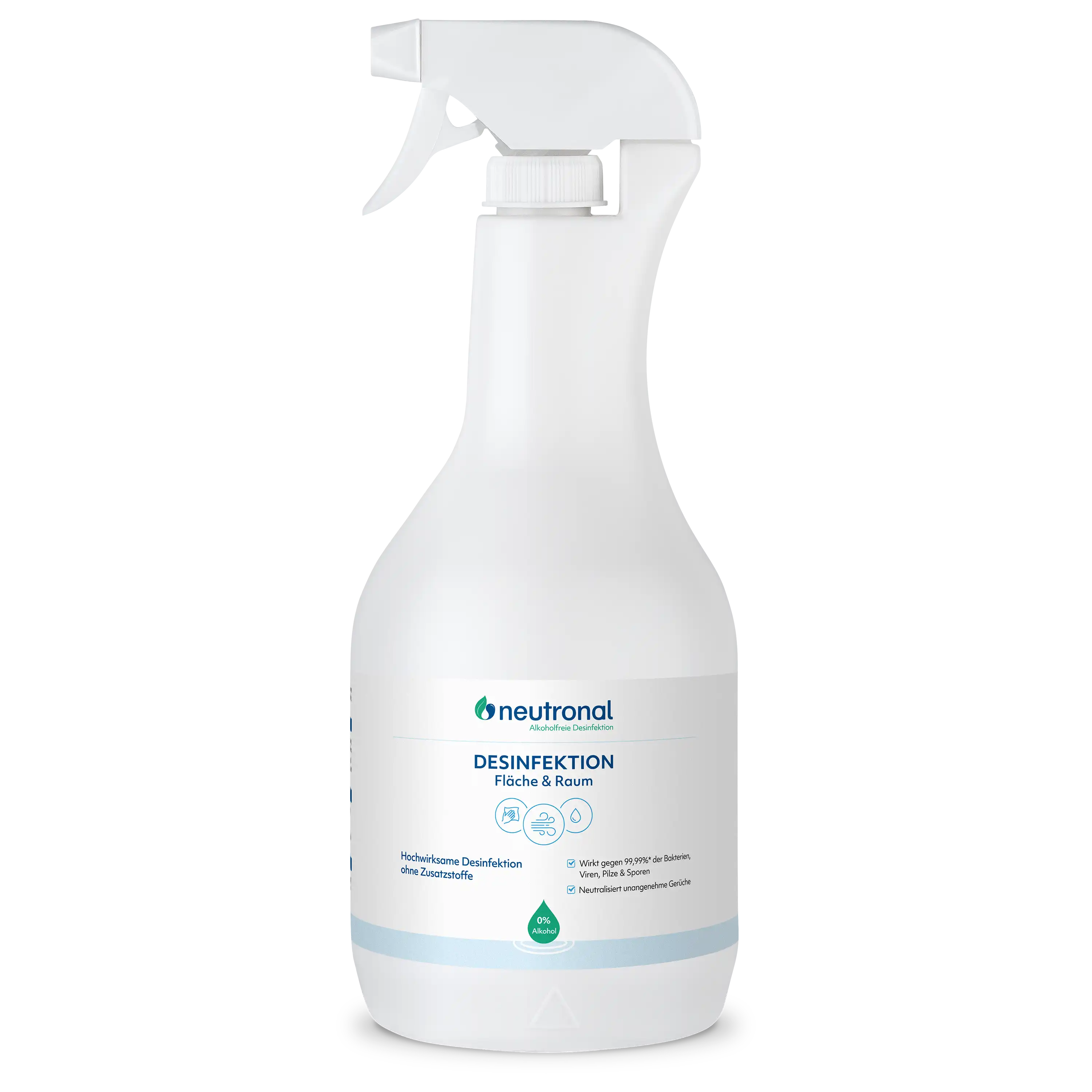 Weiße Sprühflasche von neutronal für professionelle Produktfotografie durch die PRO-ducto GmbH vor neutralem Hintergrund.