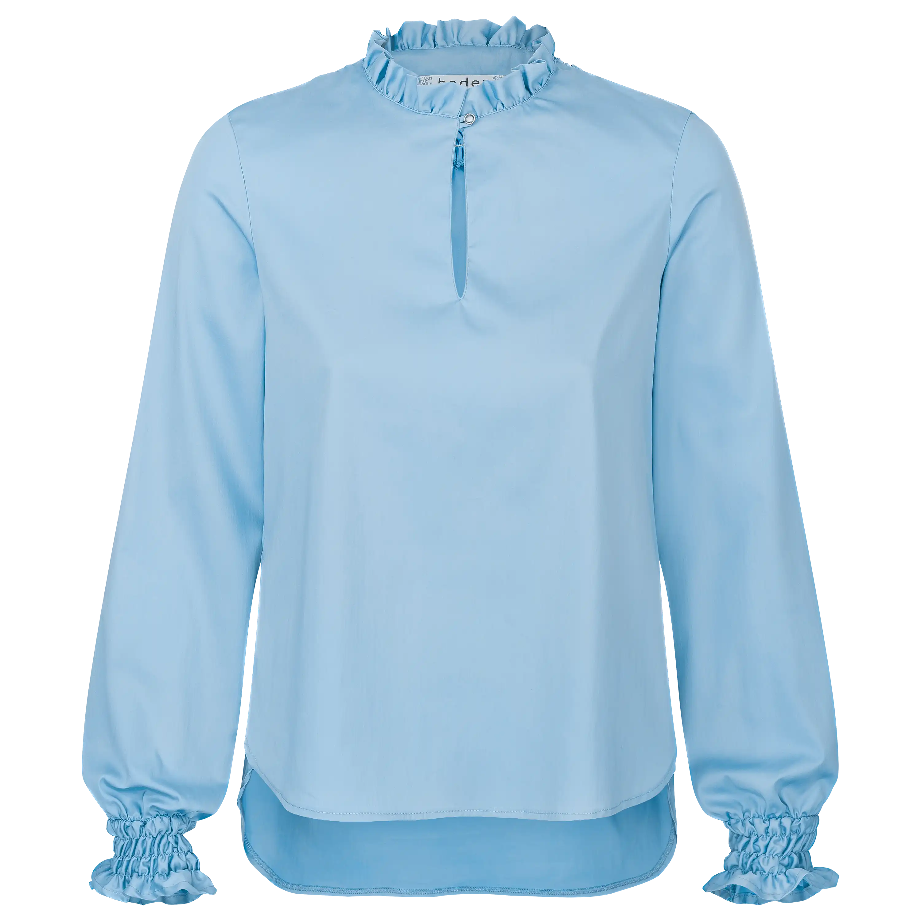 Hellblaue Bluse mit Stehkragen und Rüschen für professionelle Produktfotografie von PRO-ducto GmbH bei Textilfotografie.