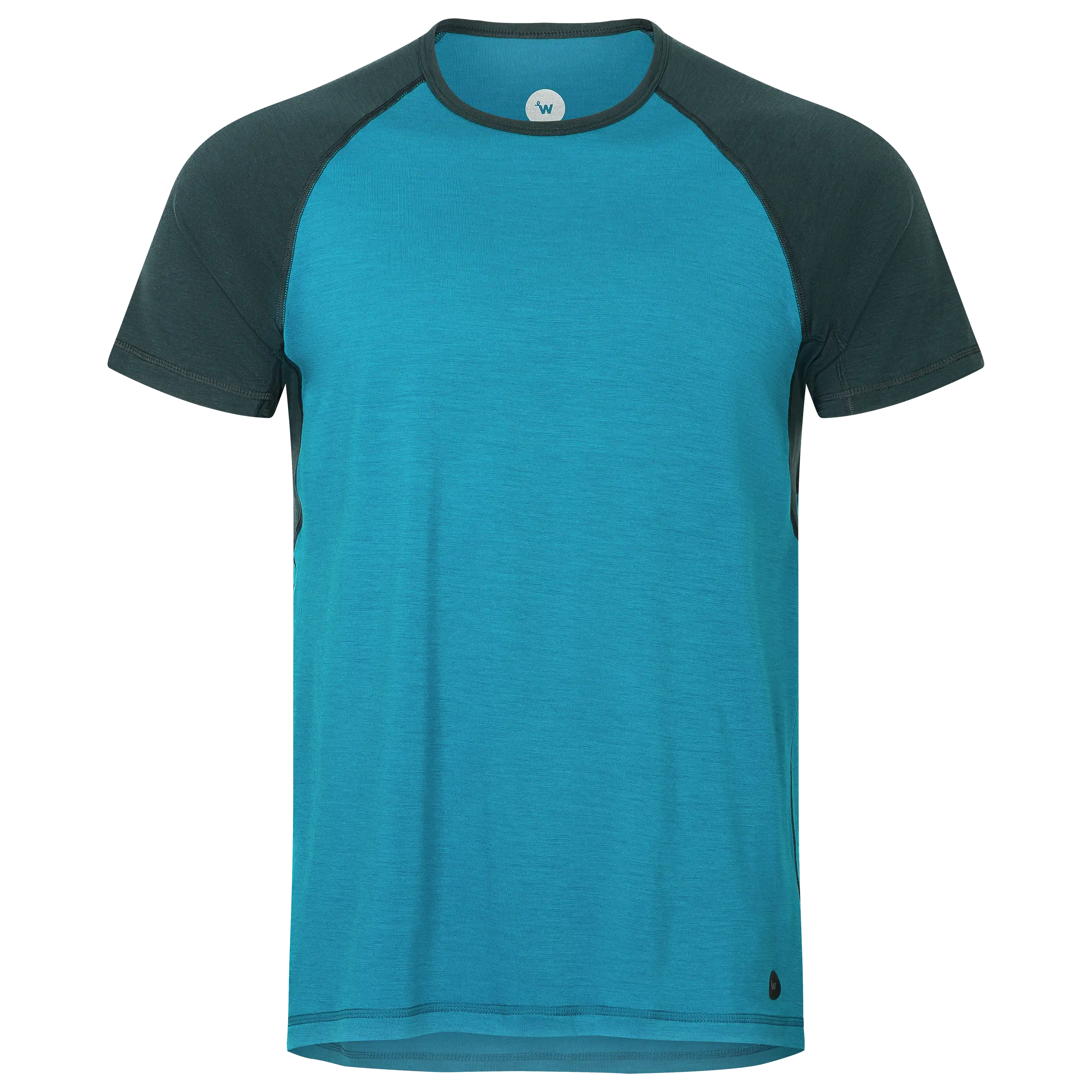 Professionelle Produktfotografie eines türkisen T-Shirts mit dunklen Raglanärmeln für die Textilfotografie.