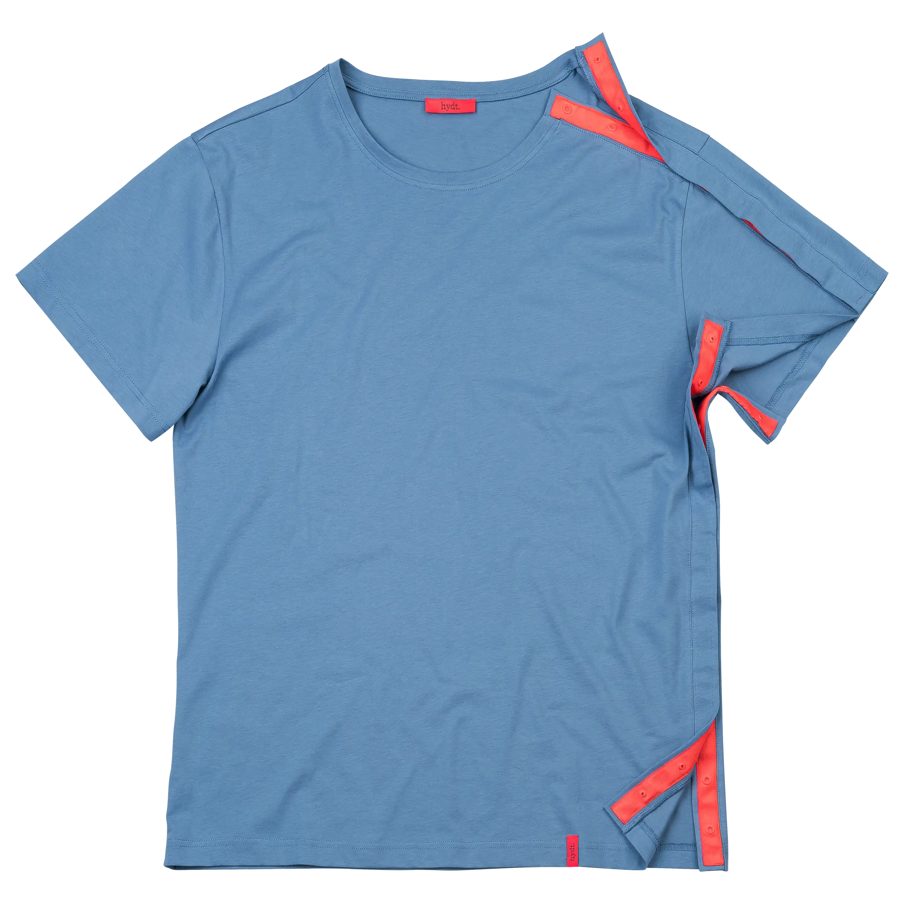 Blaues T-Shirt mit neonorangen Druckknöpfen für professionelle Produktfotografie von PRO-ducto GmbH.