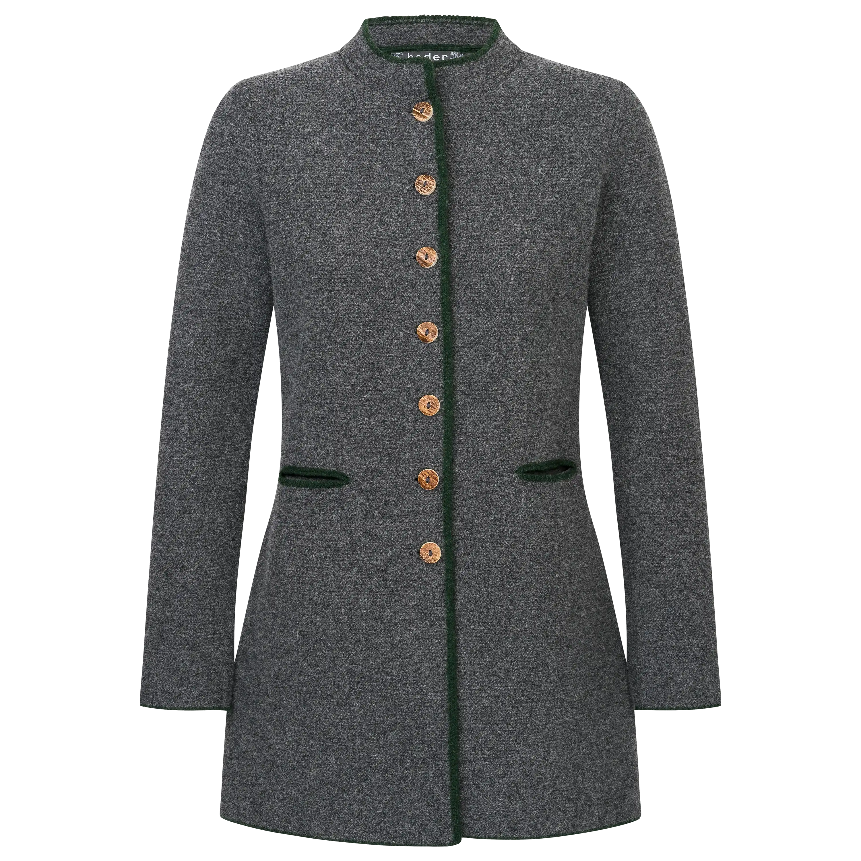Graue Trachtenjacke für Damen mit grünen Paspeln und Knöpfen in Hornoptik – professionelle Textilfotografie.