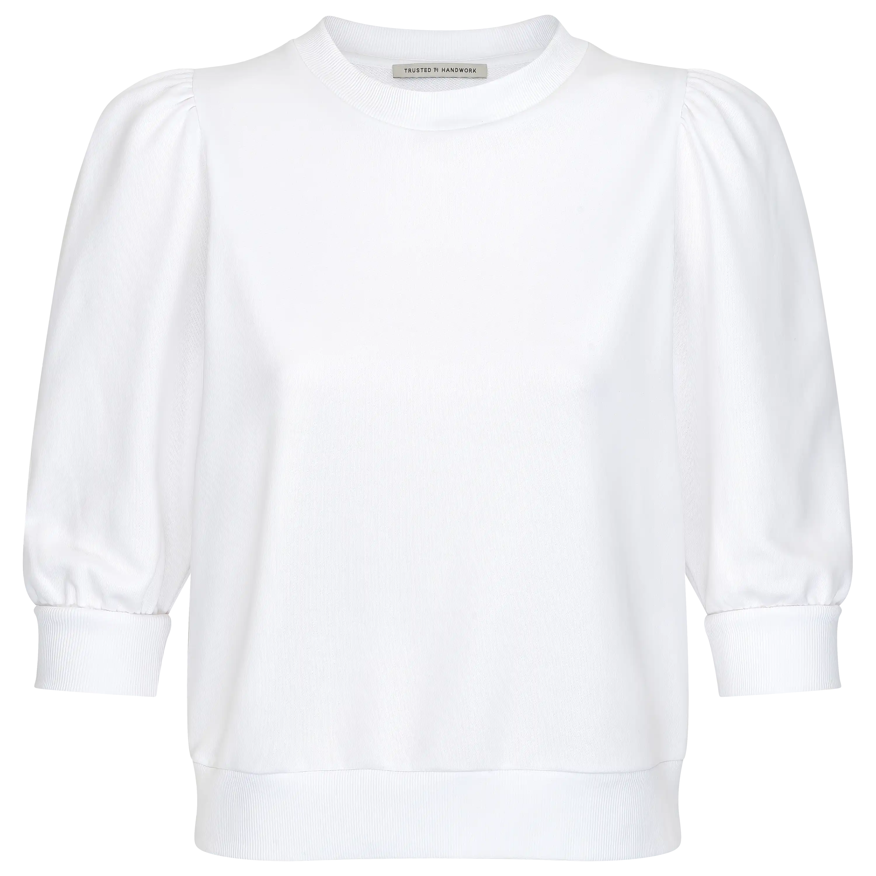 Professionelle Produktfotografie von PRO-ducto GmbH: Ein weißes Damen-Shirt mit Puffärmeln für die Textilfotografie und Bekleidung fotografieren lassen.