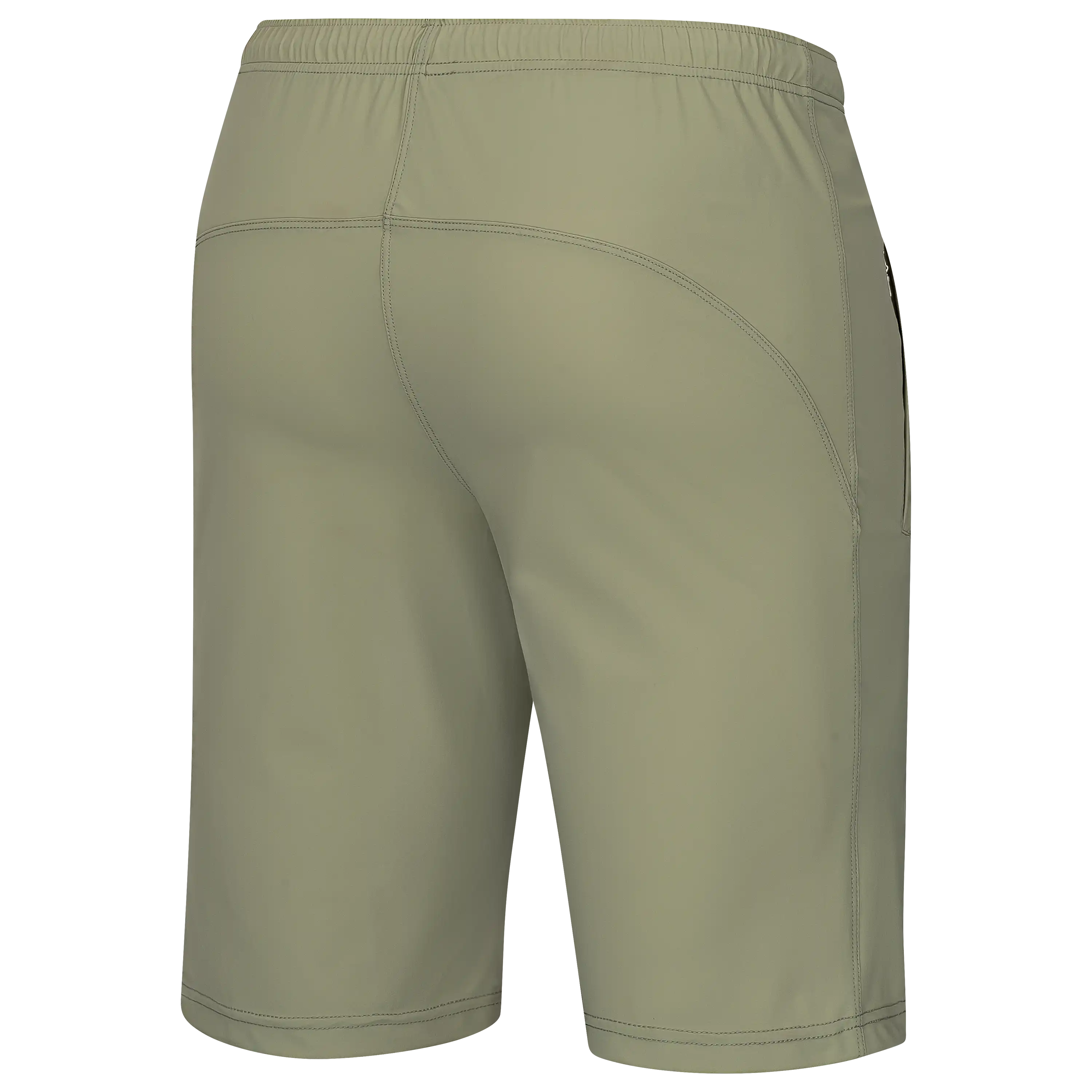 Rückansicht einer olivgrünen Funktionsshorts für die professionelle Produktfotografie von Bekleidung durch die PRO-ducto GmbH für hochwertige Textilfotografie.