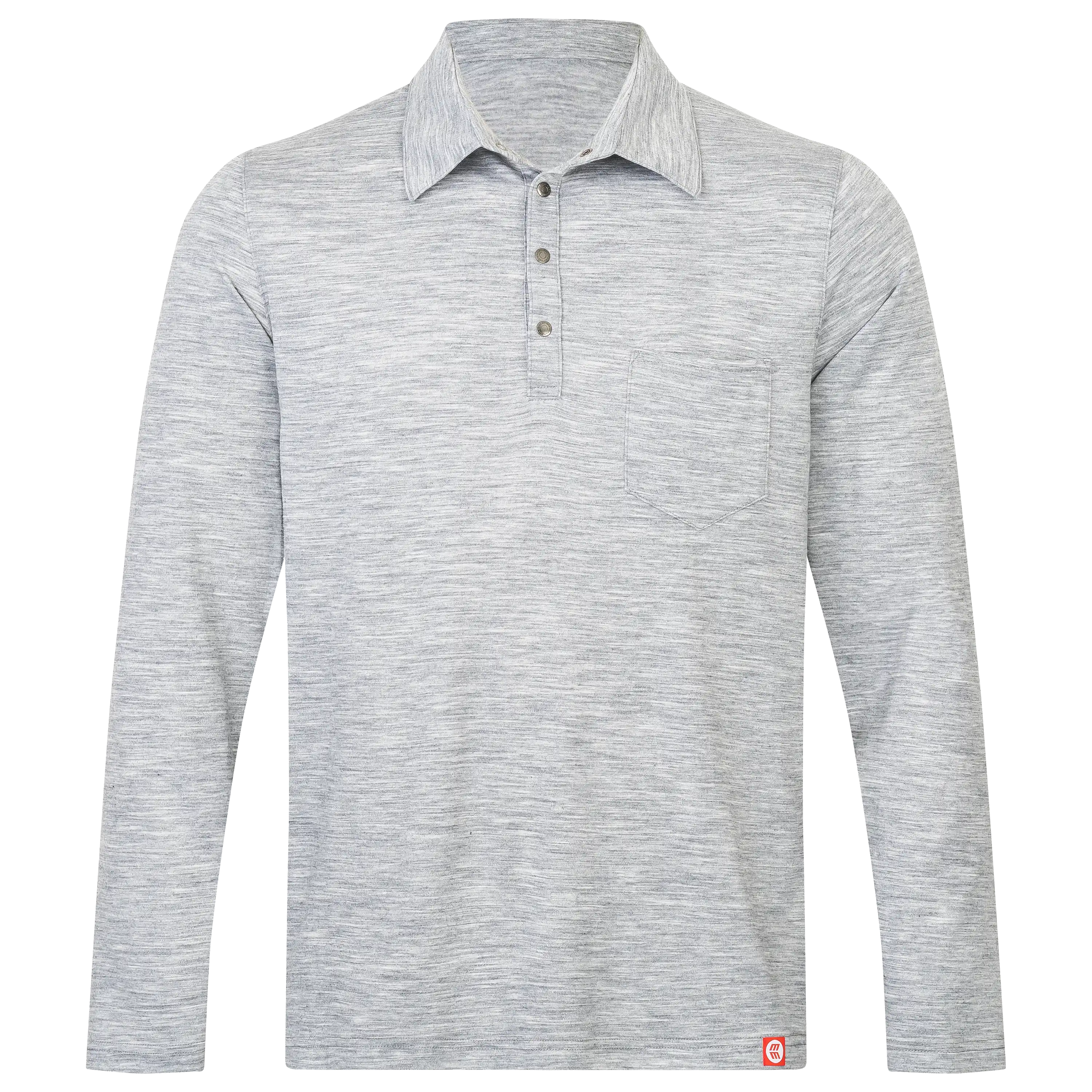Graues Langarm-Poloshirt mit Brusttasche für professionelle Produktfotografie von PRO-ducto GmbH.