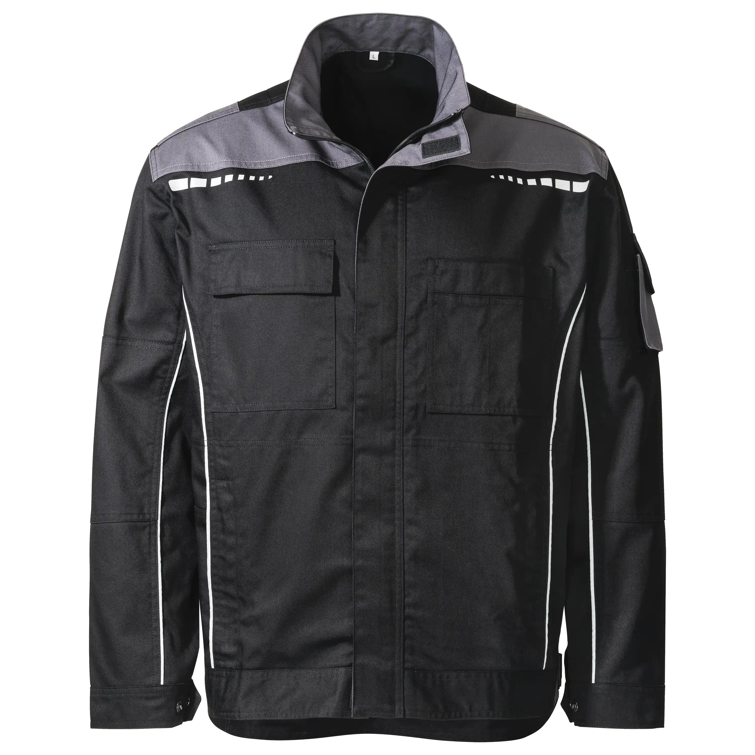 Professionelle Produktfotografie einer schwarzen Arbeitsjacke mit grauen Akzenten als Freisteller für hochwertige Textilfotografie und Produktbilder. PRO-ducto GmbH