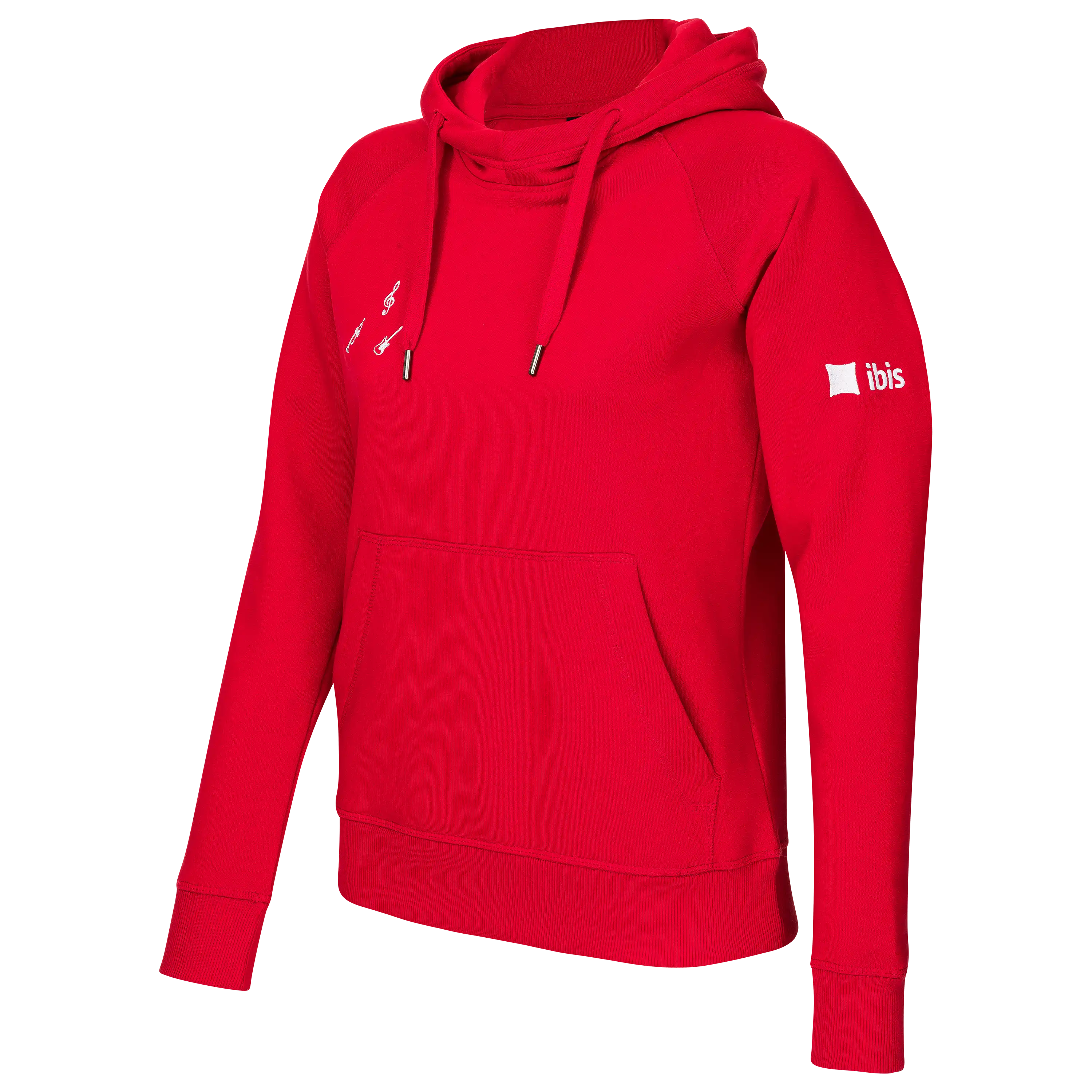 Roter Hoodie mit ibis-Logo für professionelle Produktfotografie. Bei PRO-ducto GmbH Bekleidung fotografieren lassen für hochwertige Textilfotografie.