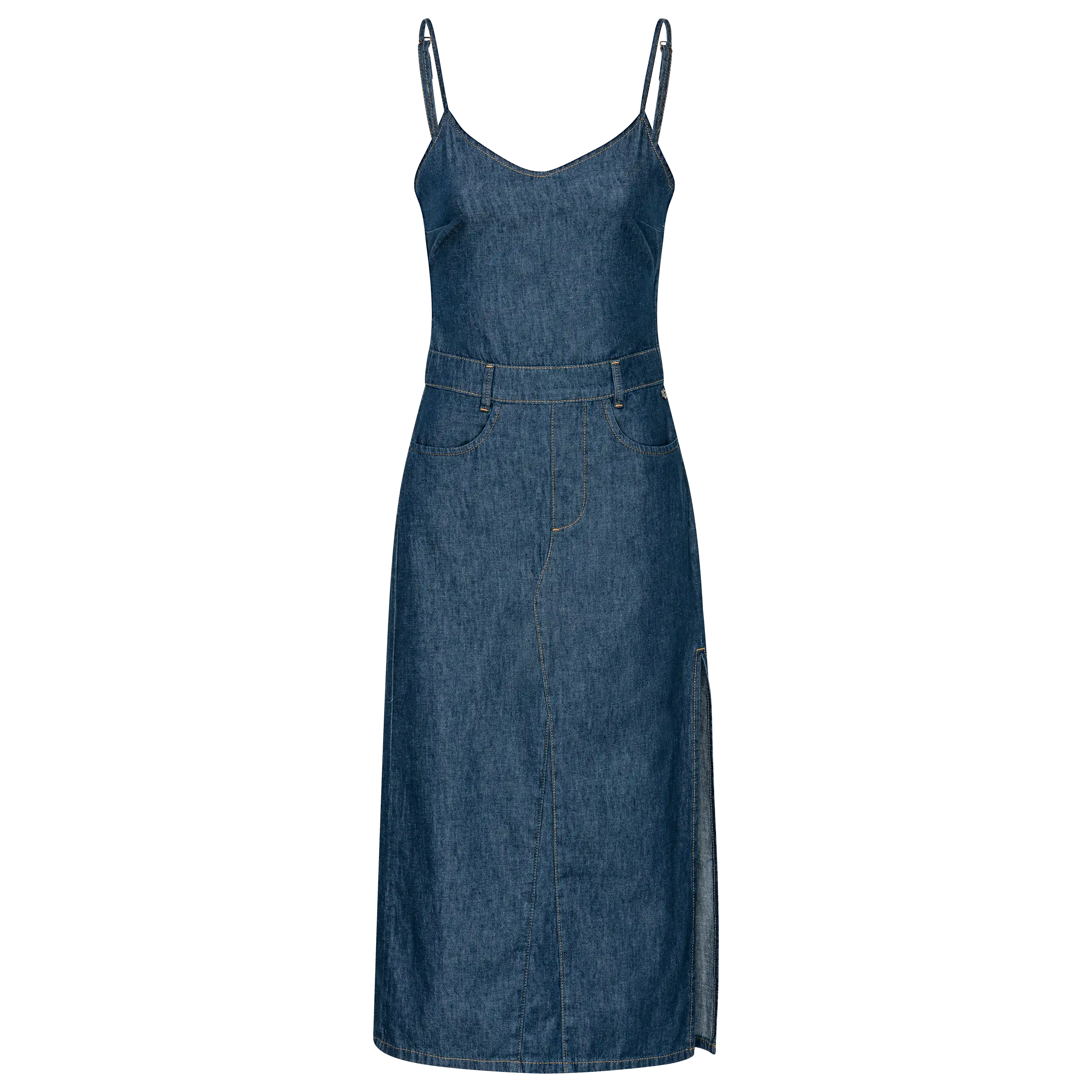 Professionelle Produktfotografie eines blauen Jeanskleides als Freisteller. Hochwertige Textilfotografie für Bekleidung mit seitlichem Beinschlitz. PRO-ducto GmbH