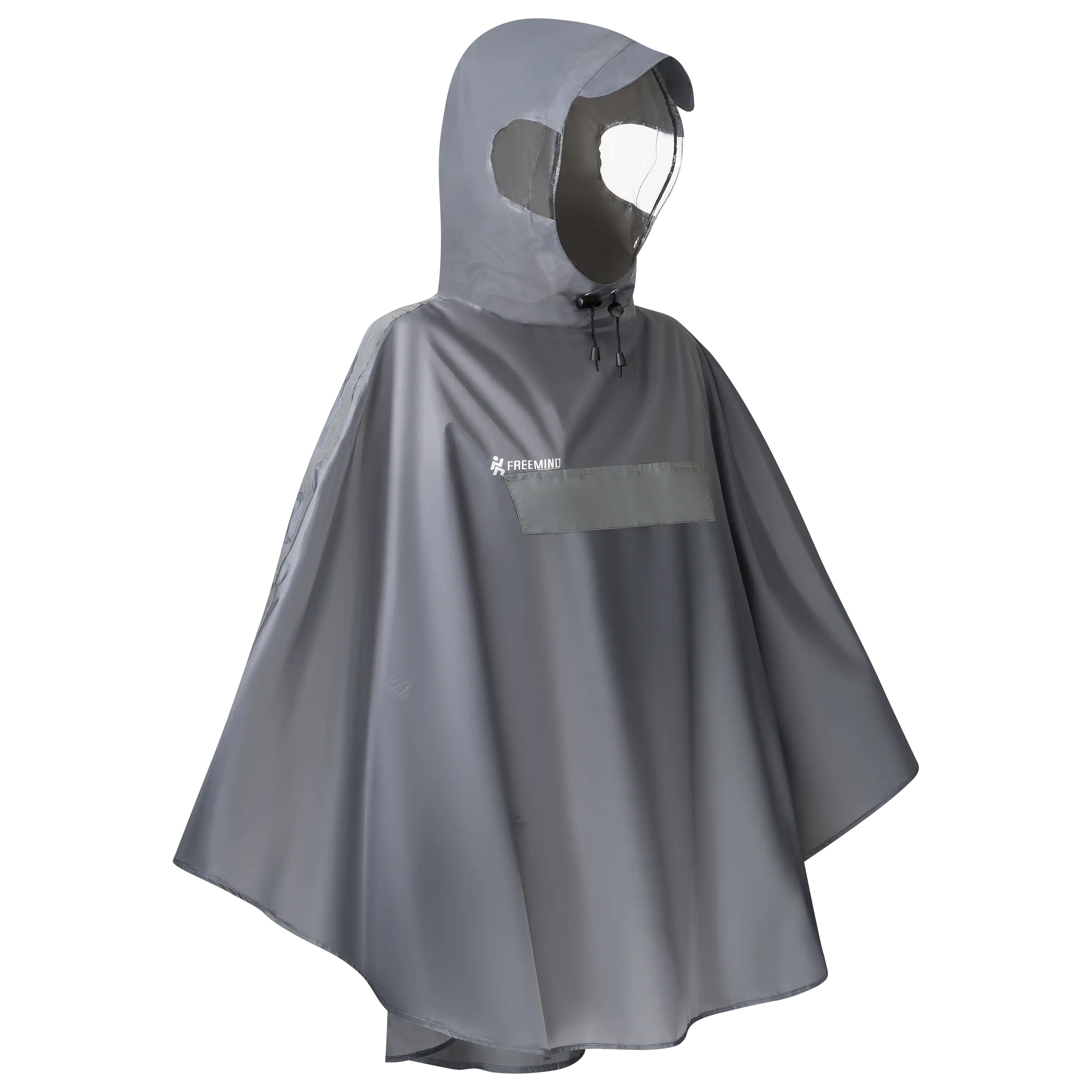 Grauer Regenponcho von FREEMIND mit Kapuze und Sichtfenster für professionelle Produktfotografie bei der PRO-ducto GmbH für Textilfotografie.