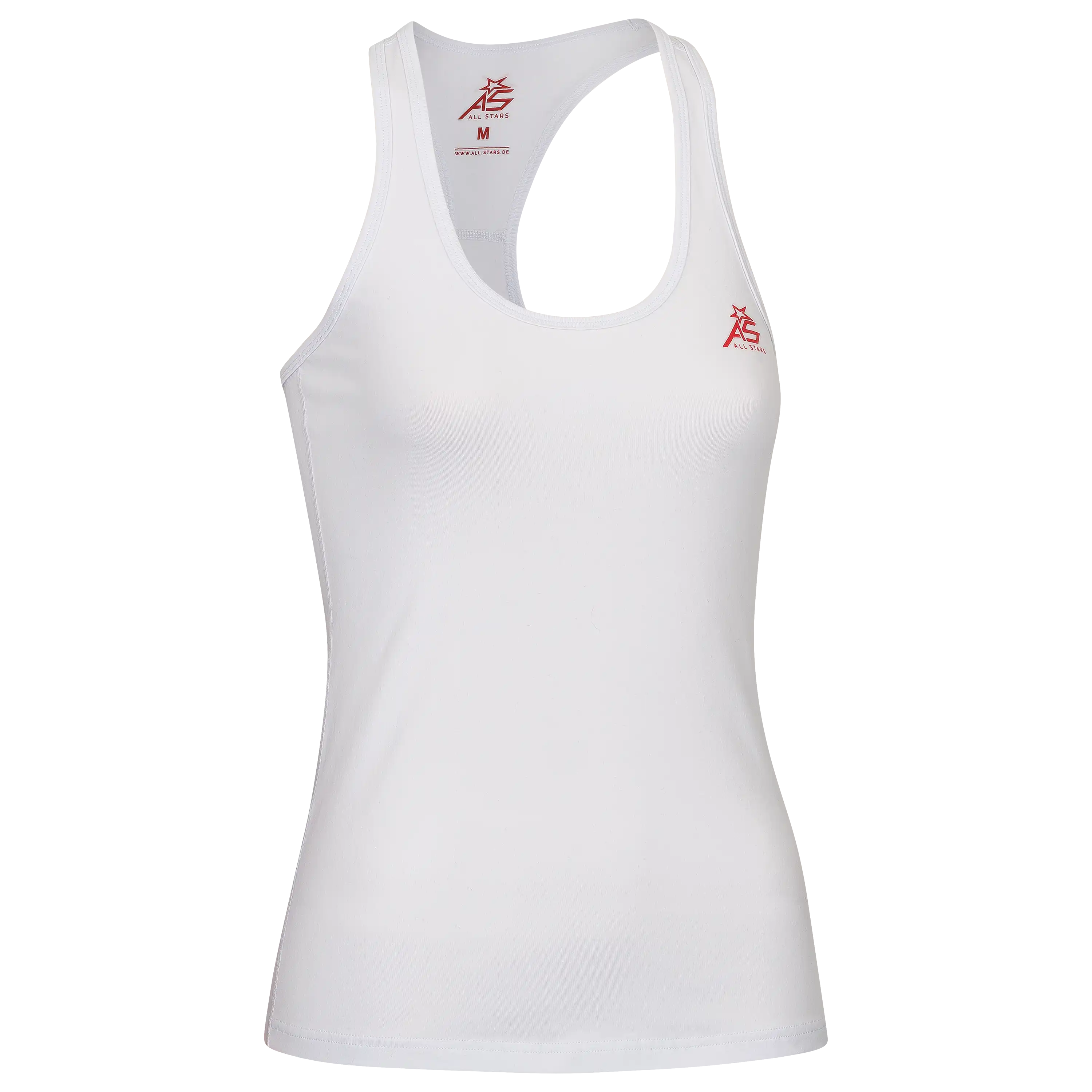 Professionelle Produktfotografie eines weißen All Stars Tanktops für Damen. Lassen Sie Ihre Bekleidung bei PRO-ducto GmbH hochwertig fotografieren.