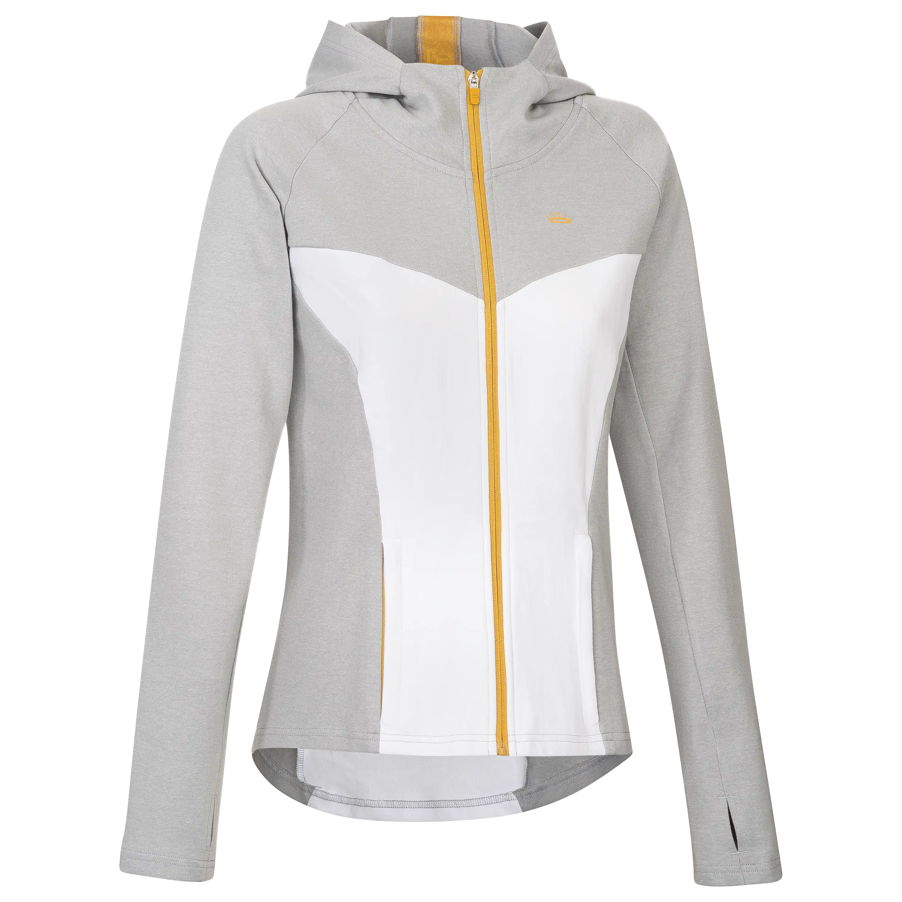 Professionelle Produktfotografie einer grau-weißen Sportjacke mit Kapuze und gelbem Reißverschluss für die Textilfotografie bei PRO-ducto GmbH.