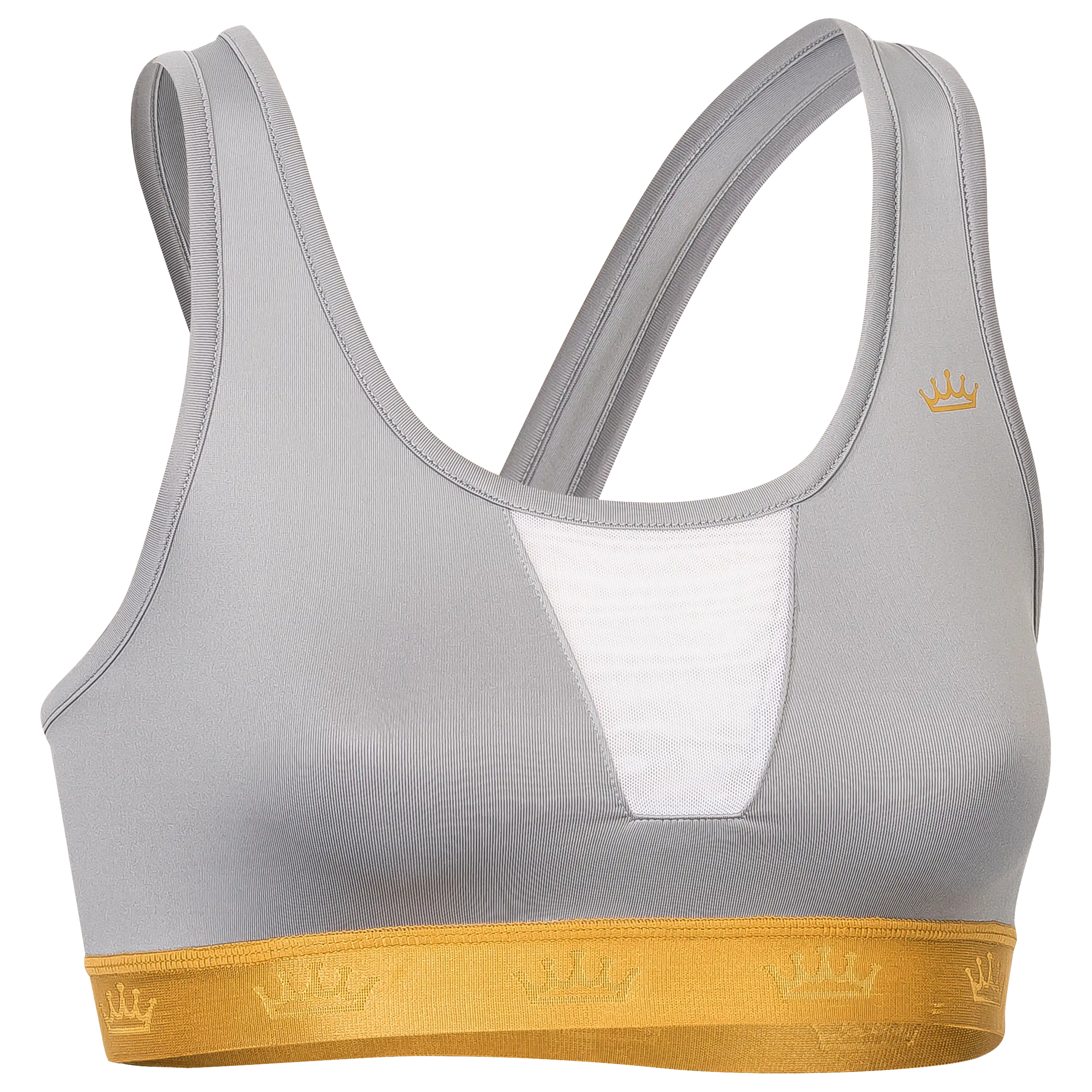 Grauer Sport-BH mit goldenem Unterbrustband und Kronen-Logo für professionelle Produktfotografie von PRO-ducto GmbH bei der Textilfotografie.