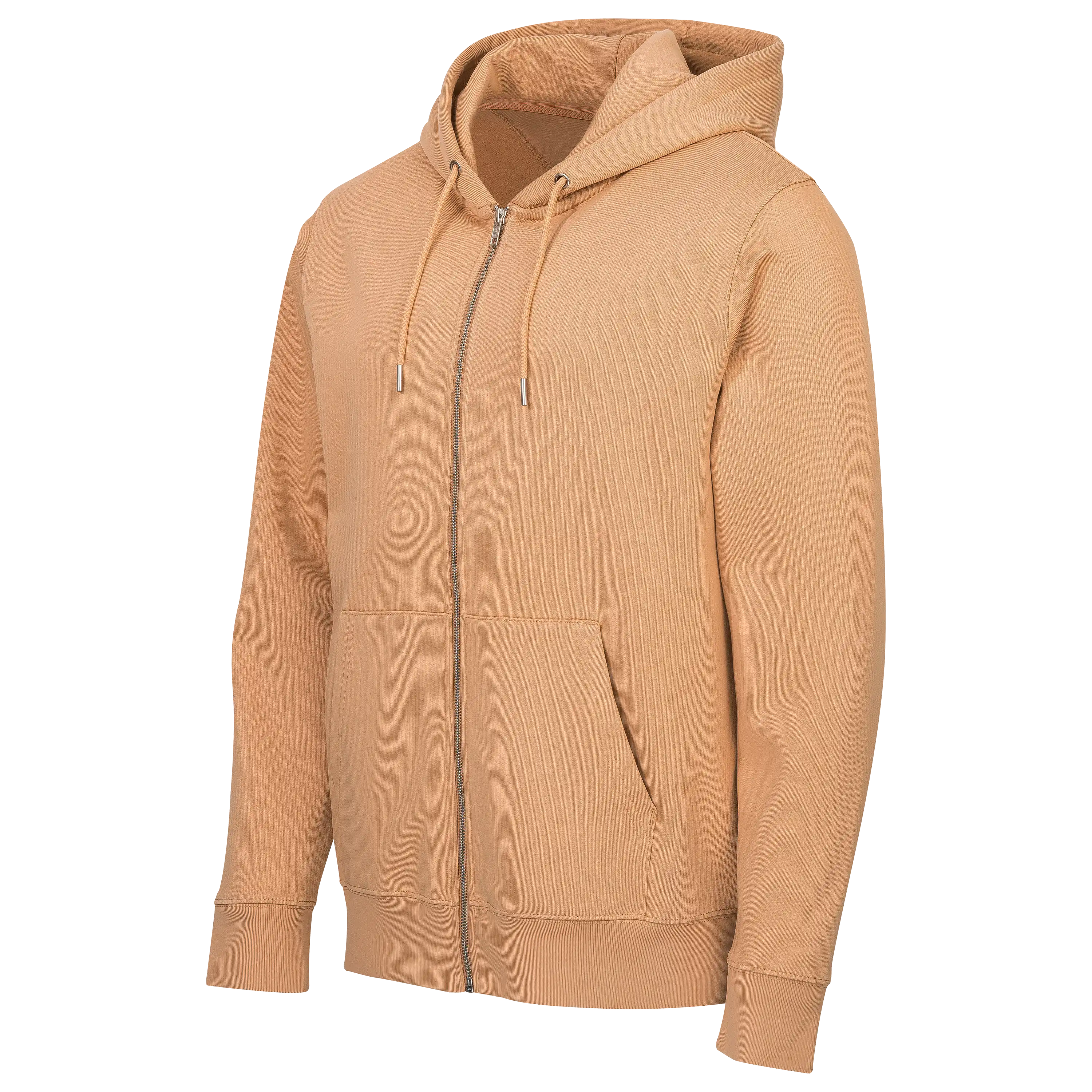 Professionelle Produktfotografie von PRO-ducto GmbH: Ein beigefarbener Kapuzenpullover mit Reißverschluss, ideal für hochwertige Textilfotografie.