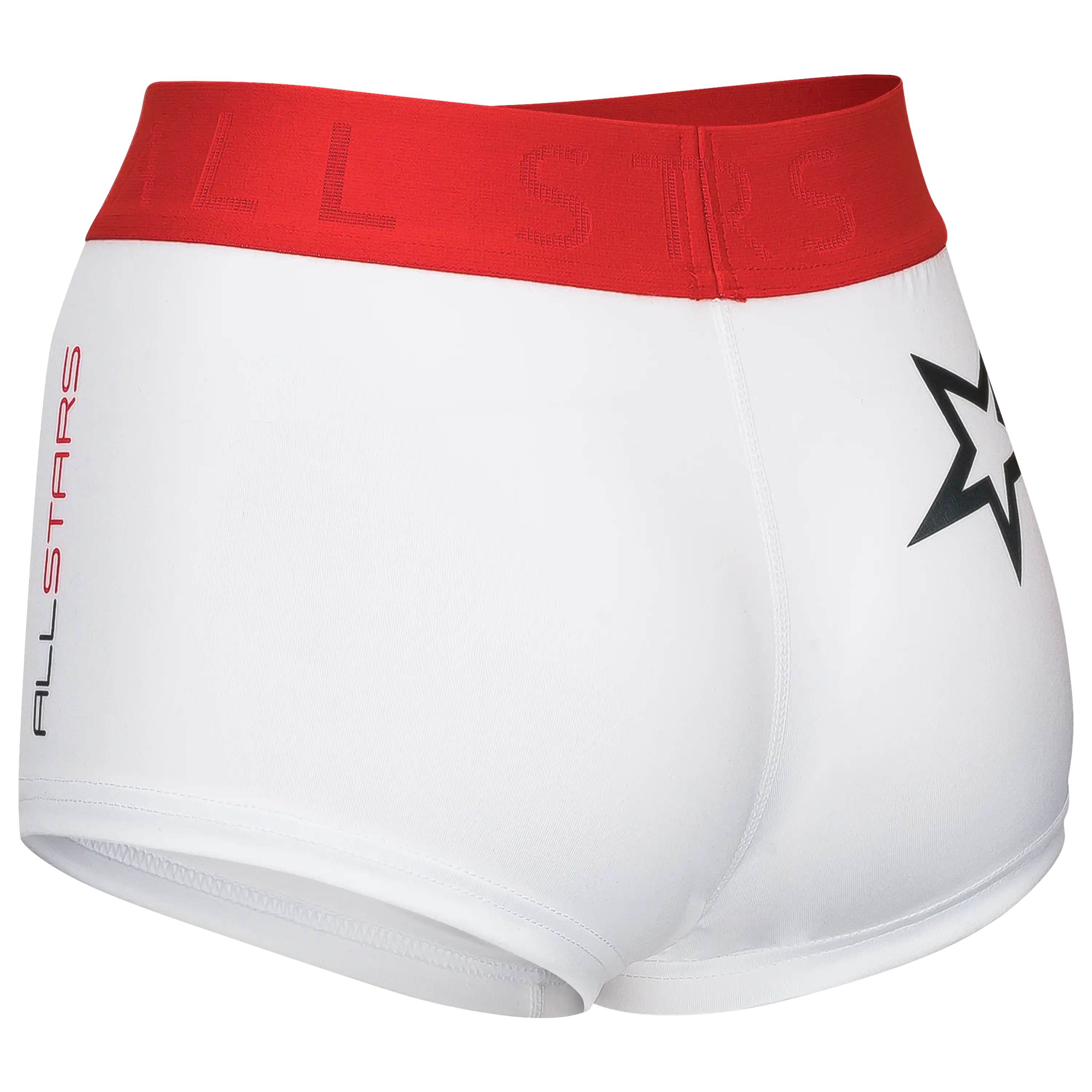Weiße Sportshorts von All Stars mit rotem Bund und Stern-Logo für professionelle Produktfotografie von Textilien.