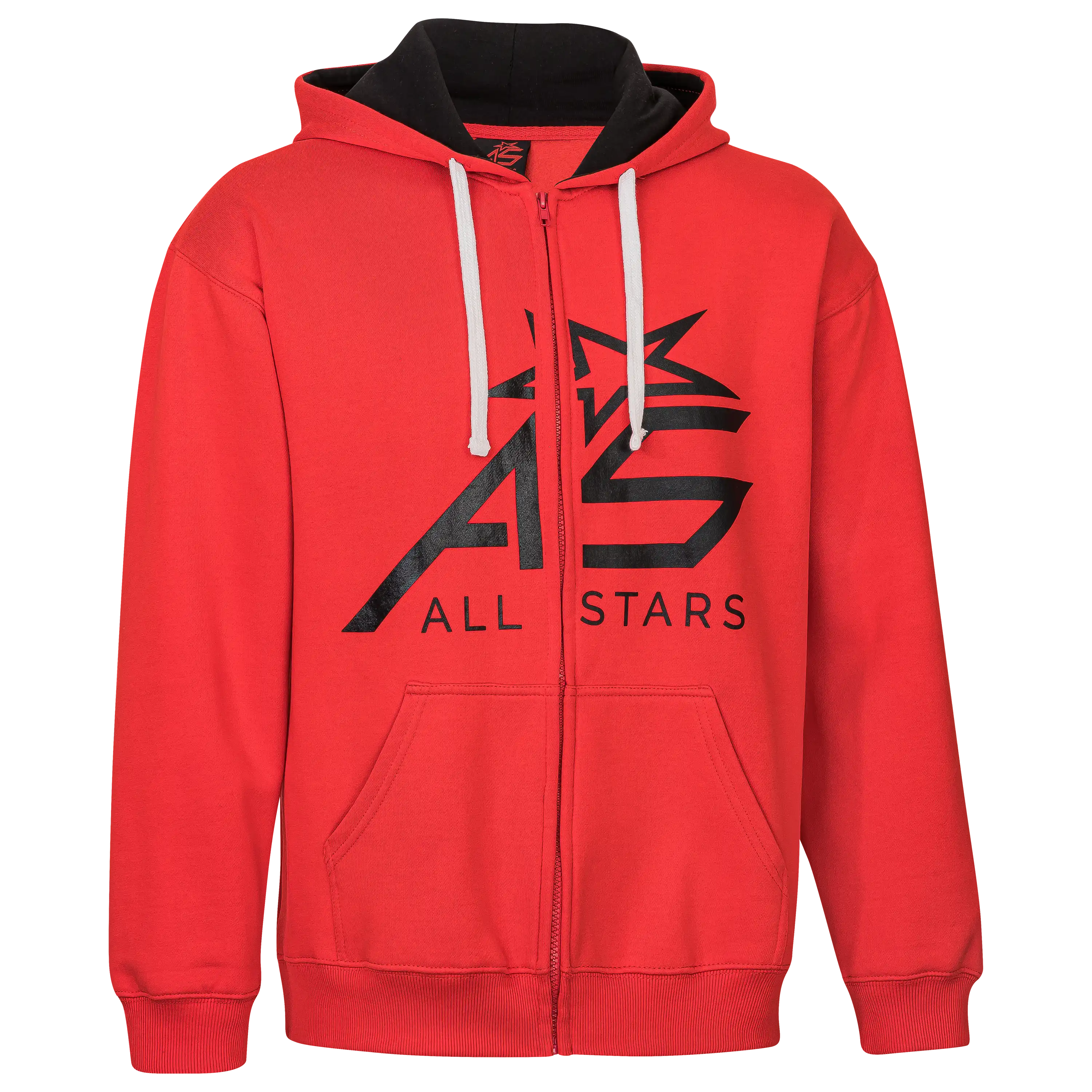 Roter Kapuzenpullover mit Reißverschluss und All Stars Logo für professionelle Produktfotografie von PRO-ducto GmbH, ideal für Textilfotografie.