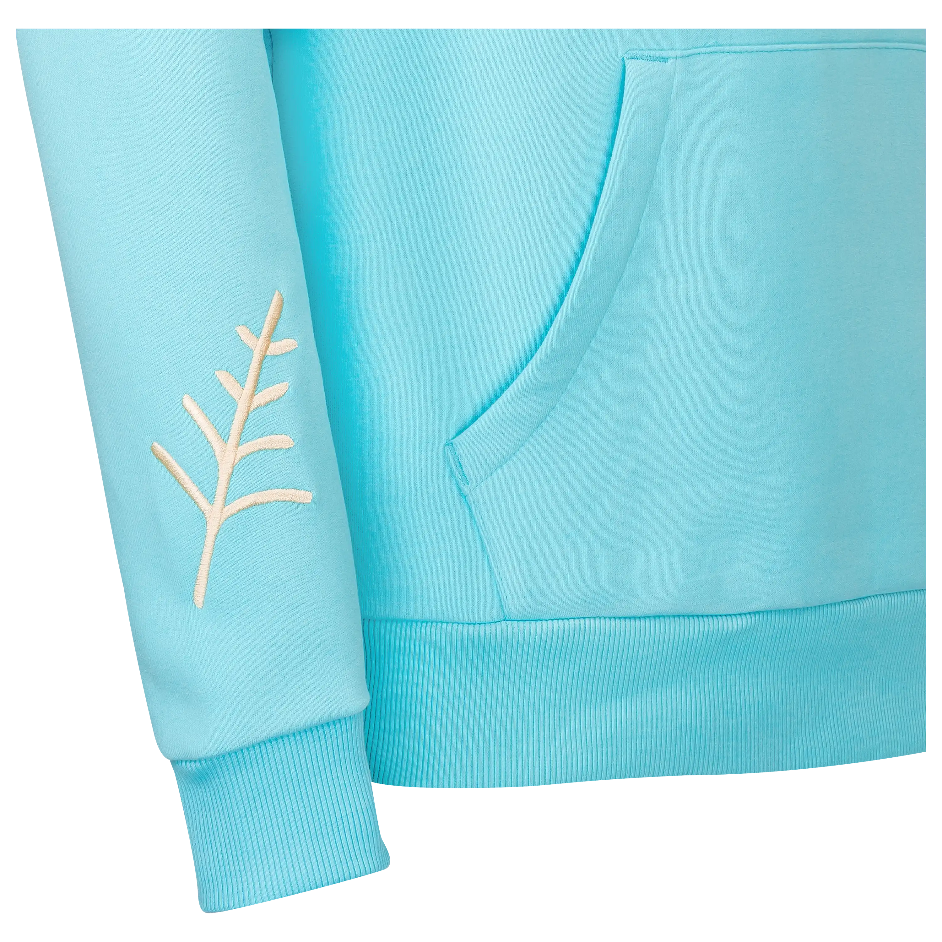 Professionelle Produktfotografie eines hellblauen Hoodies mit Stickerei am Ärmel. Hochwertige Textilfotografie für Freisteller und Produktbilder. PRO-ducto GmbH