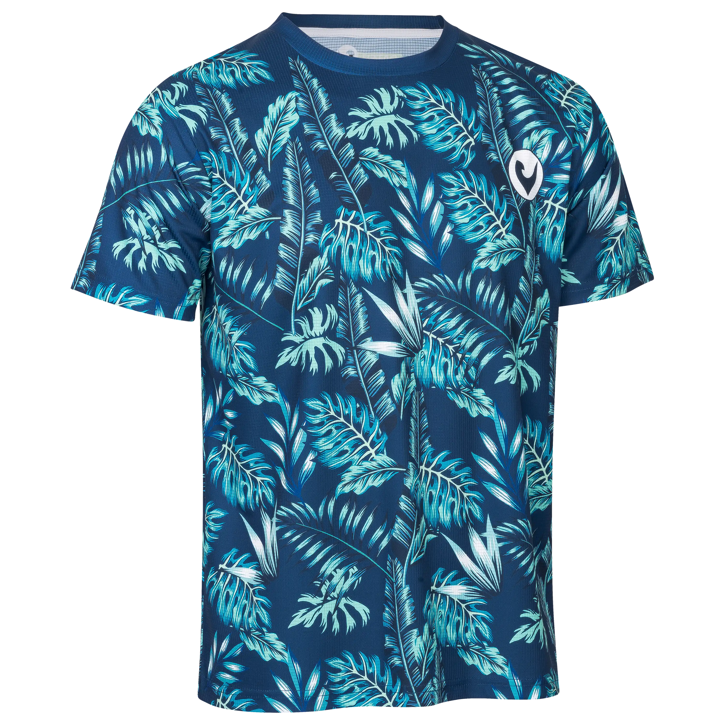 Professionelle Produktfotografie eines dunkelblauen T-Shirts mit tropischem Blattmuster für die Textilfotografie durch die PRO-ducto GmbH erstellt.